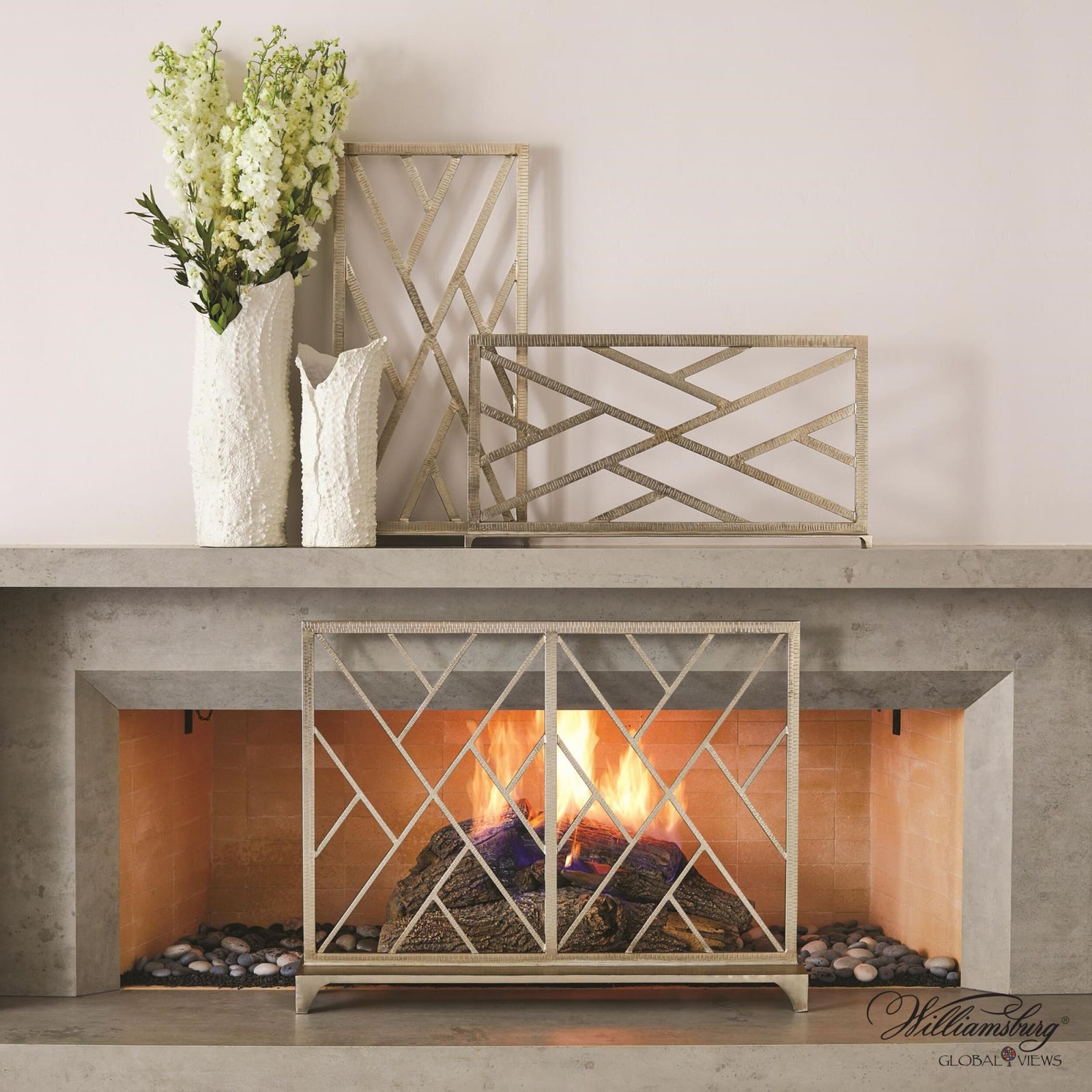 Chippendale Fret Fireplace Screen-Nickel