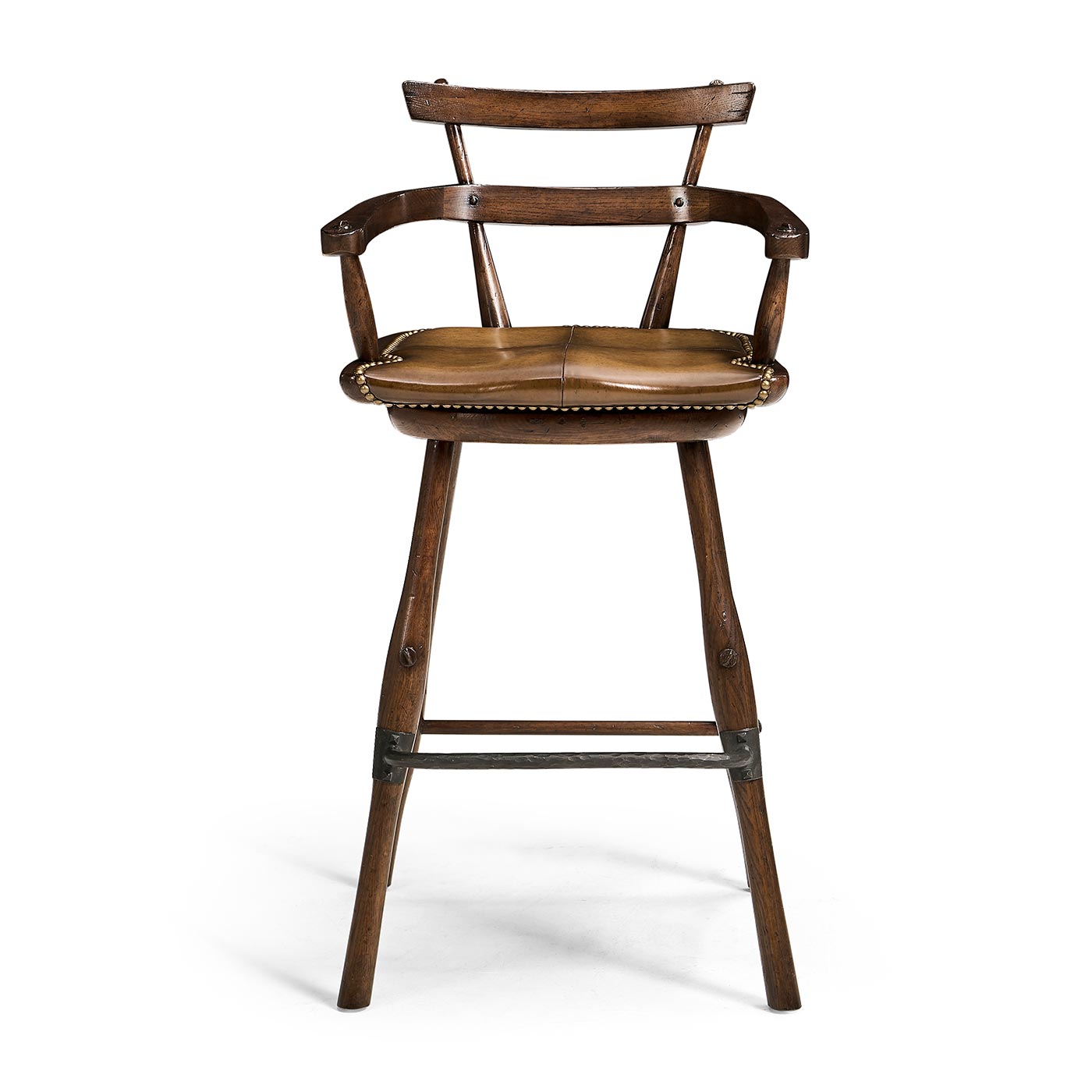 Dark Oak Arm Bar Stool with A Studded Dark Antique Leather Seat