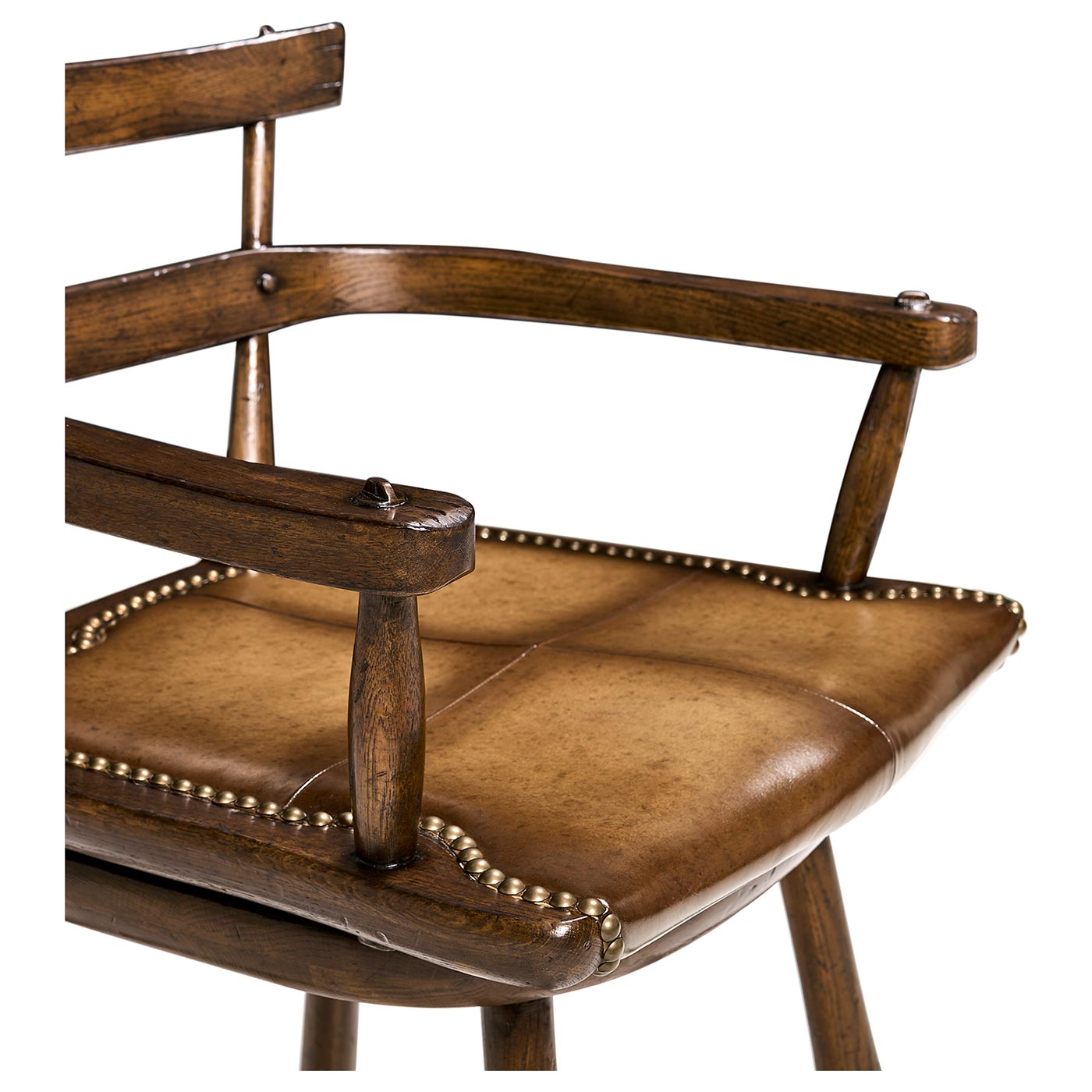 Dark Oak Arm Bar Stool with A Studded Dark Antique Leather Seat