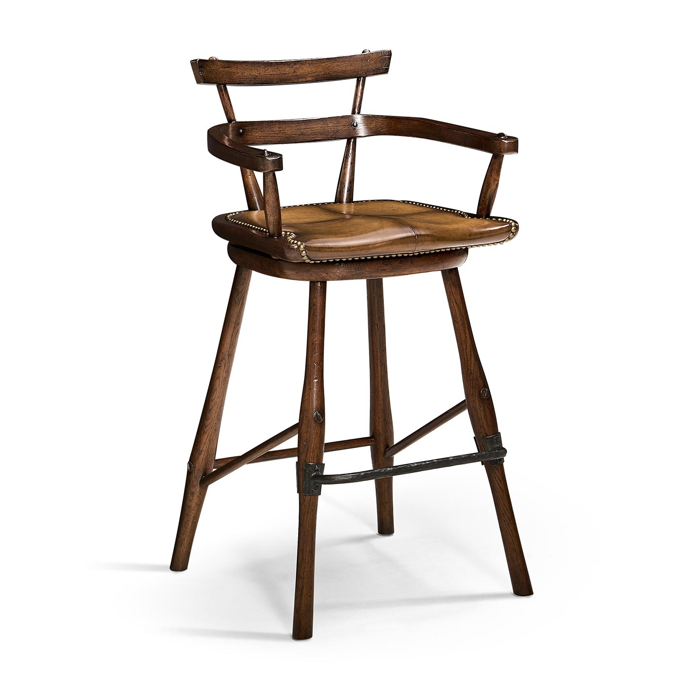 Dark Oak Arm Bar Stool with A Studded Dark Antique Leather Seat