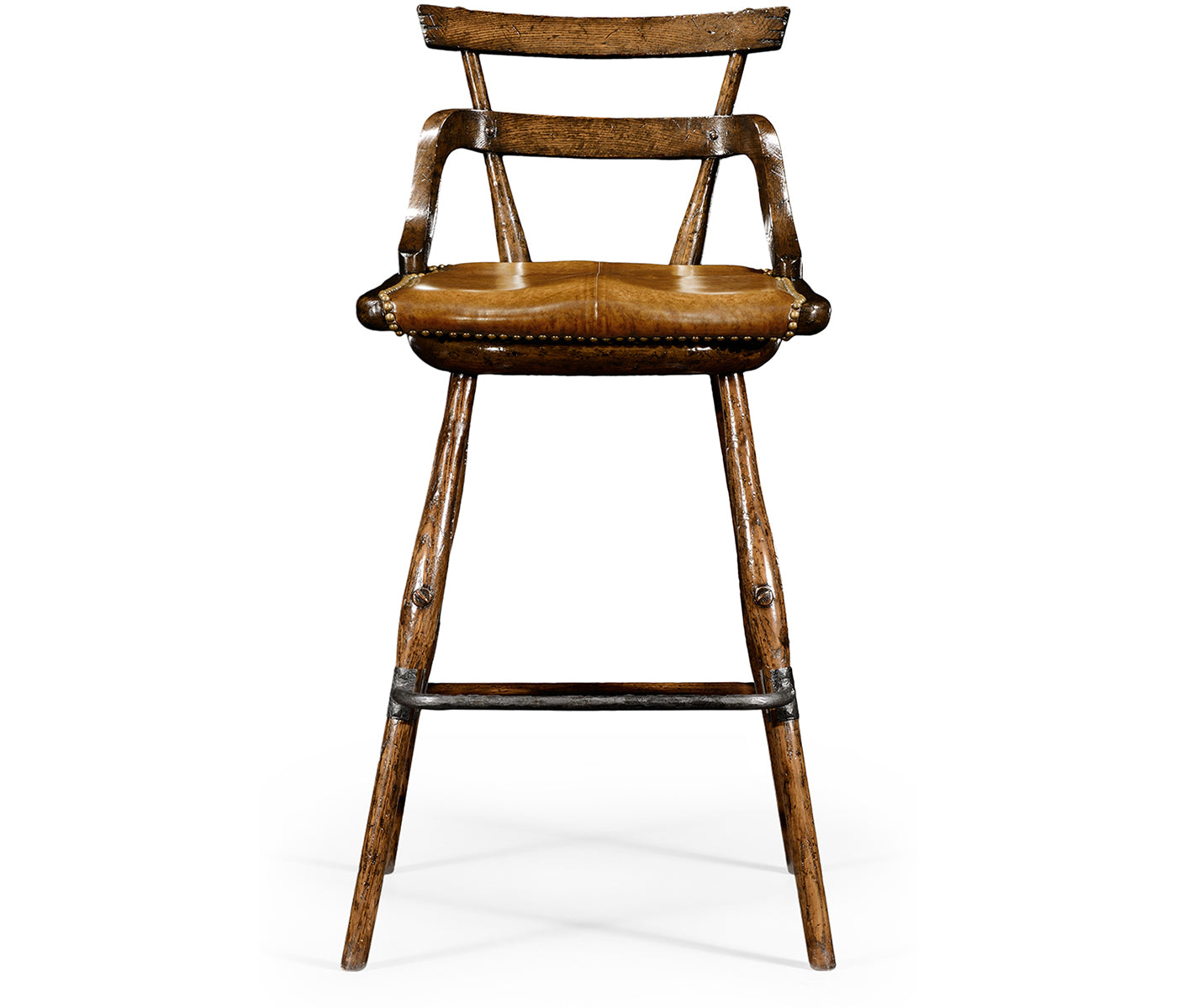 Dark Oak Side Bar Stool with a Studded Dark Antique Leather Seat