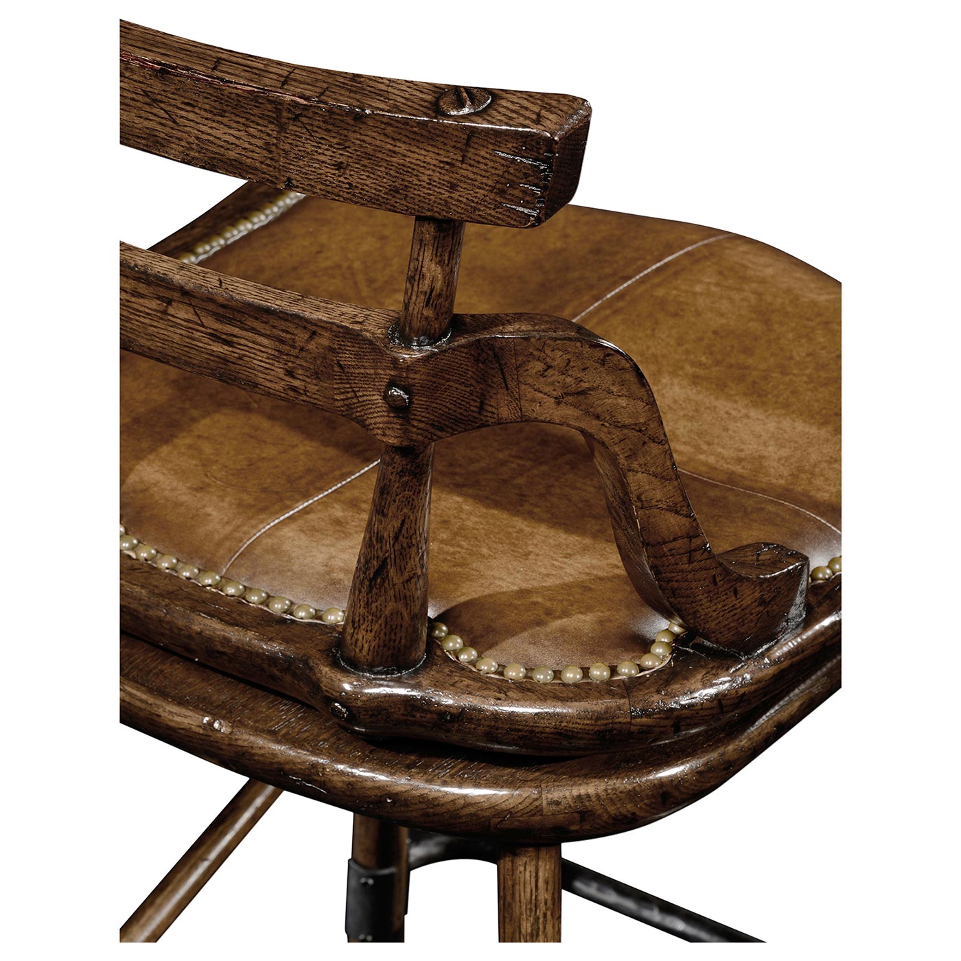Dark Oak Side Bar Stool with a Studded Dark Antique Leather Seat