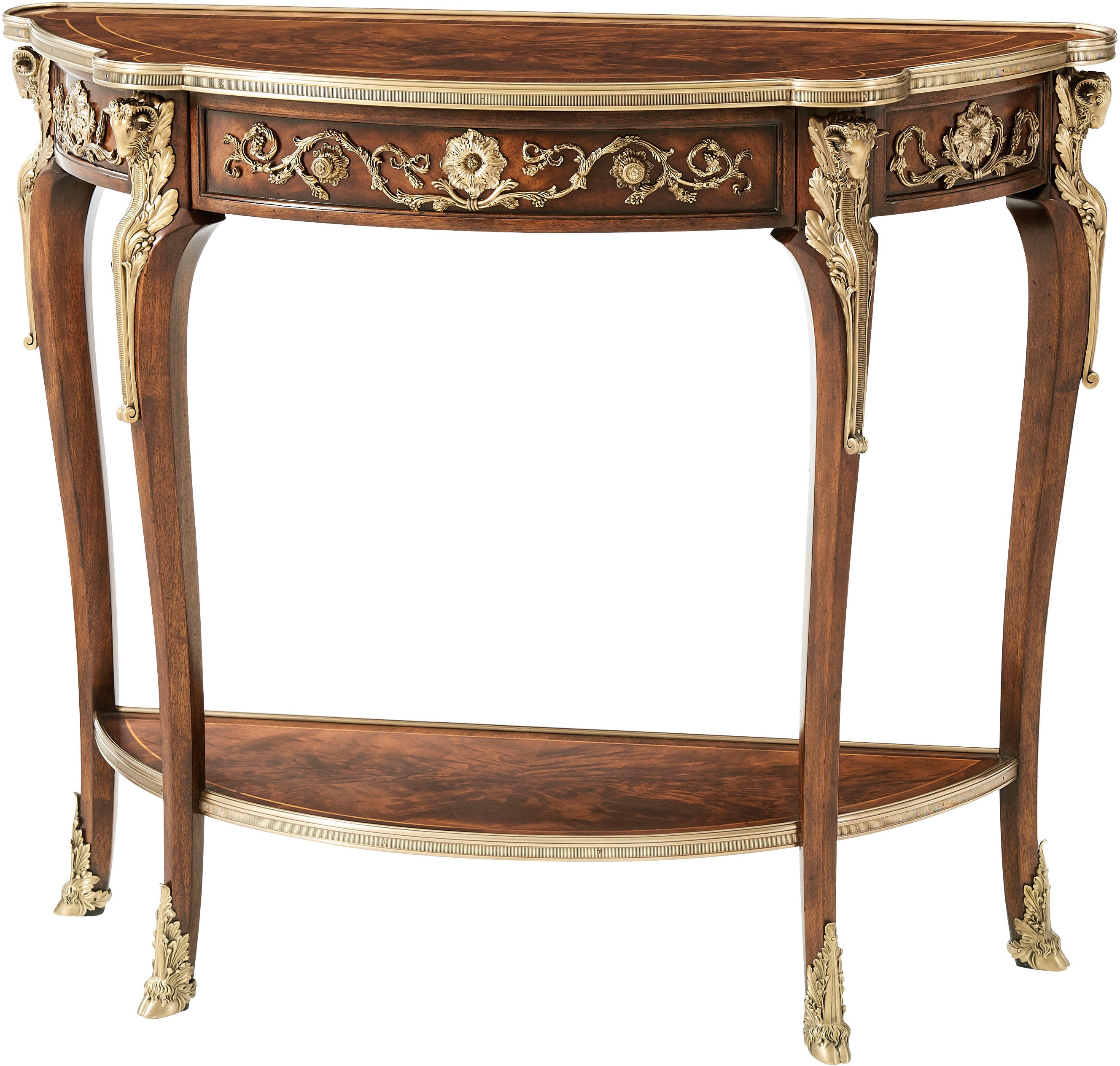 Ram's Head Console Table in Flame Figured Veneer, Brass, Morado Veneer - Theodore Alexander