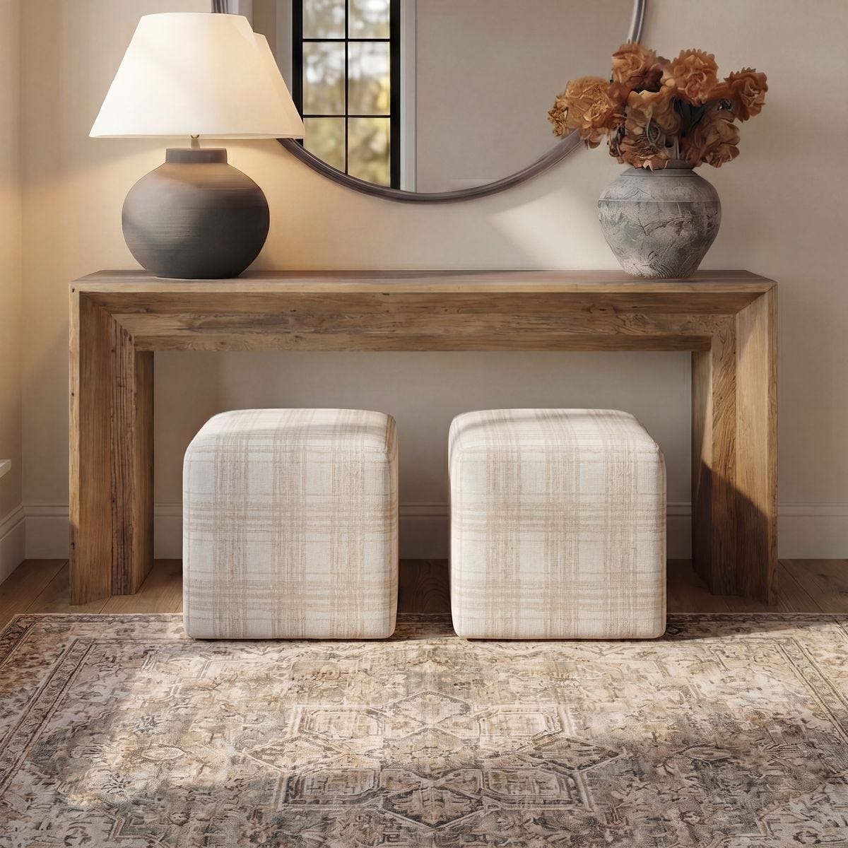 Joie Ottoman, Porcelain Plaid – Furniture by Uttermost | Sutter & Vale
