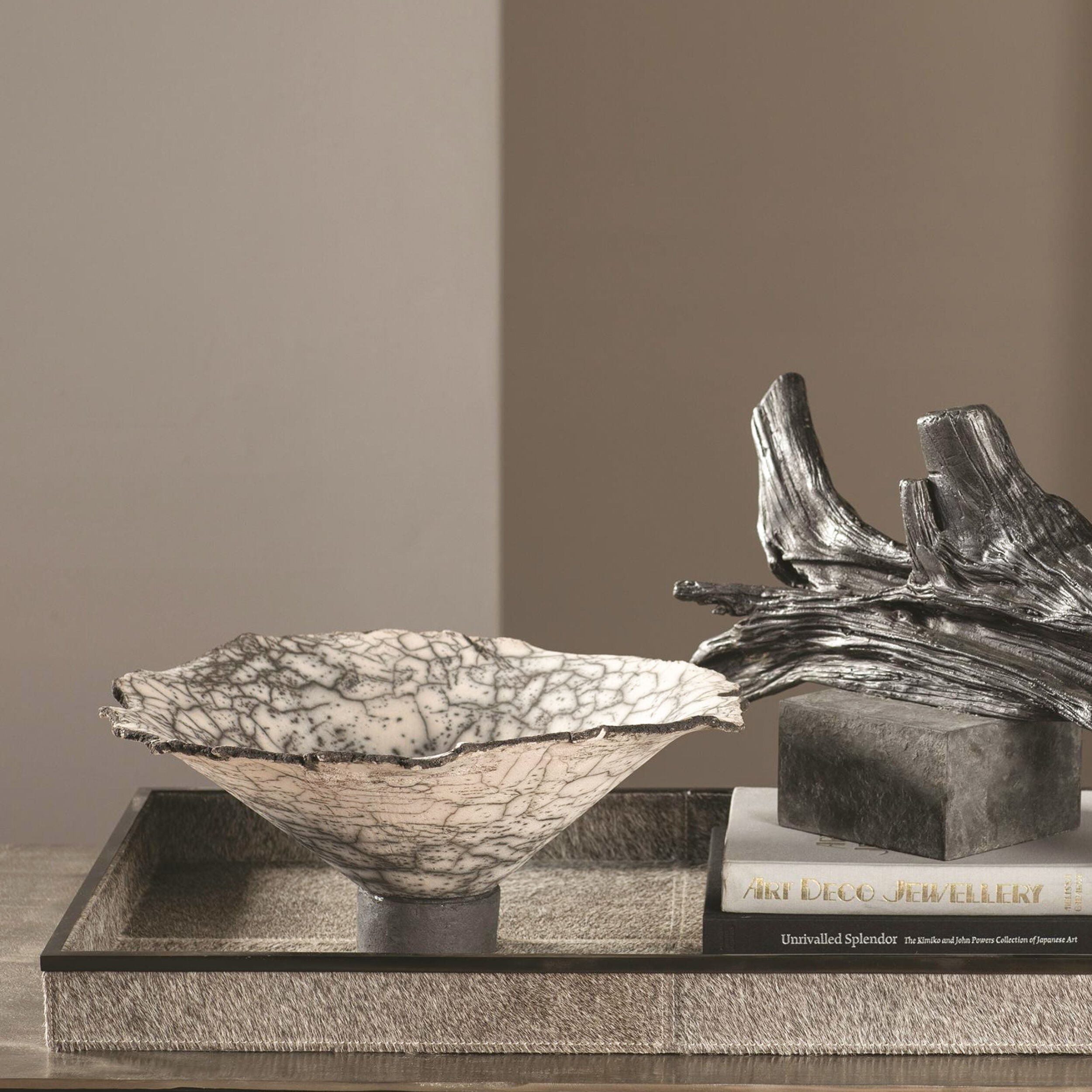 Crackled Footed Bowl-Black Raku