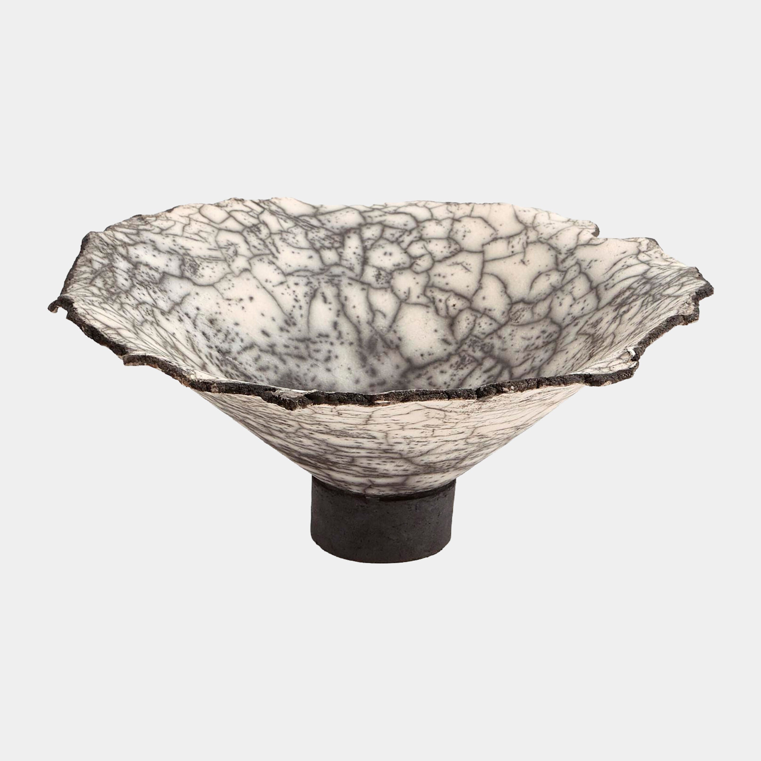 Crackled Footed Bowl-Black Raku