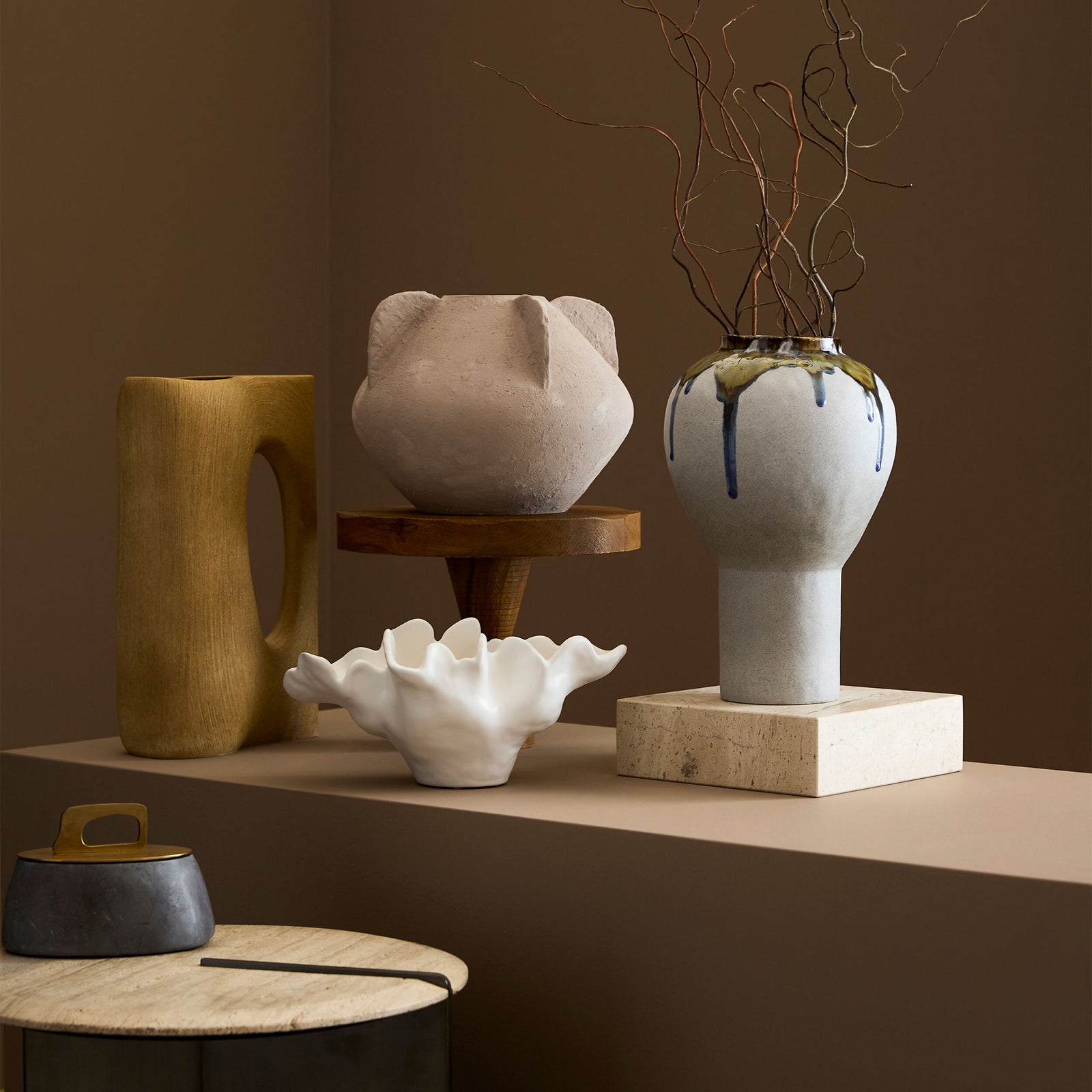 Volcan Footed Vase-Gray/Reactive Green