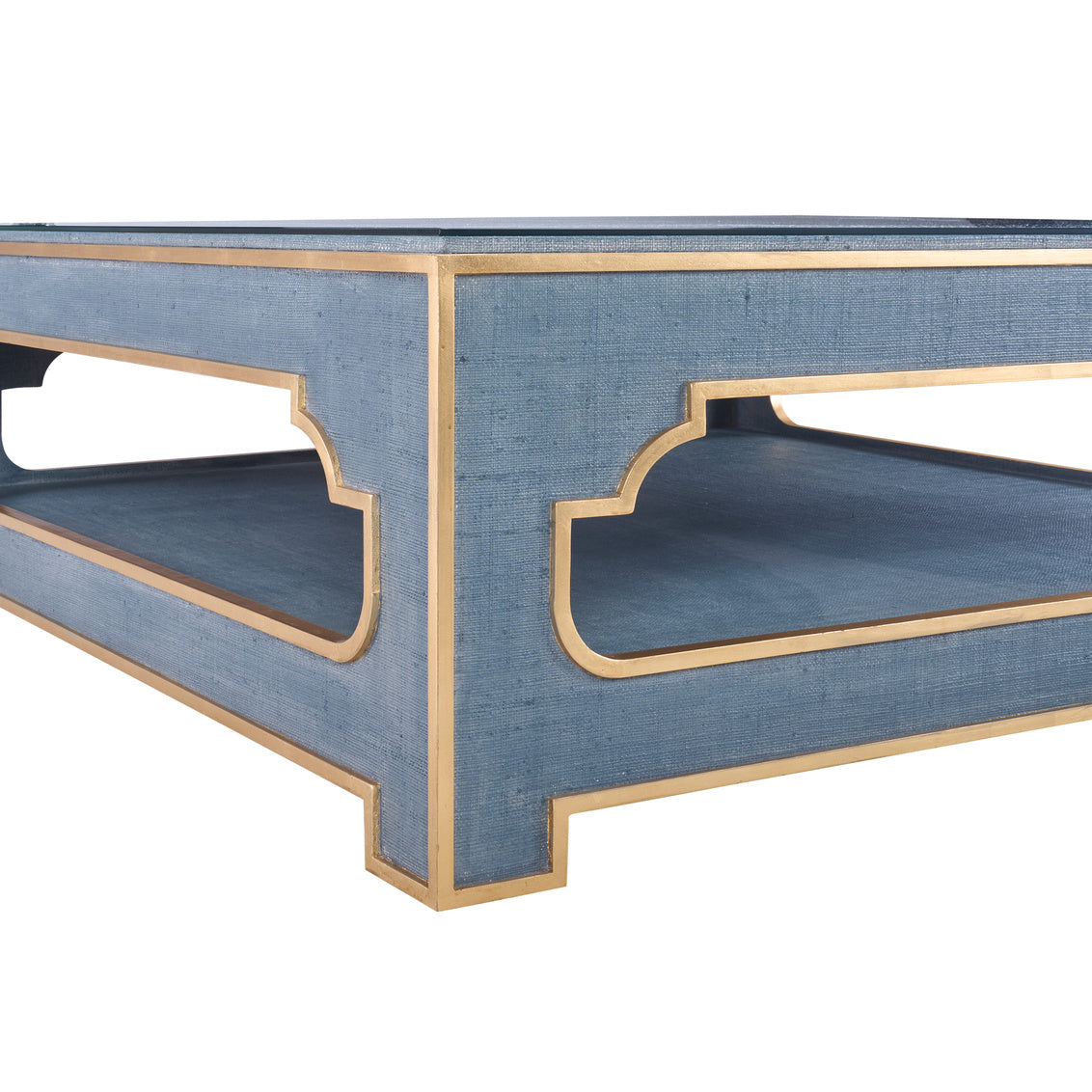 Yangon Coffee Table - Blue in Slate Blue/Gold Leaf/Clear / Raffia - Chelsea House
