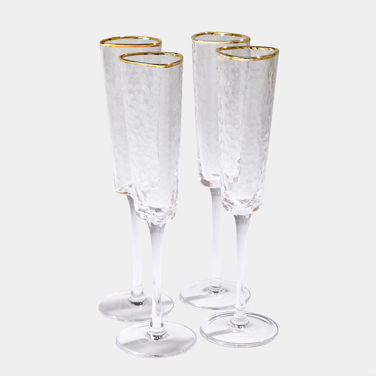Hammered Champagne Glasses-Clear w/Gold Rim