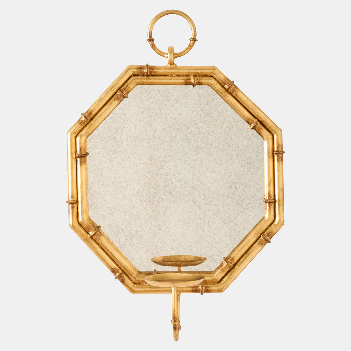 Octagonal Bamboo Mirror w/Candleholder-Gold