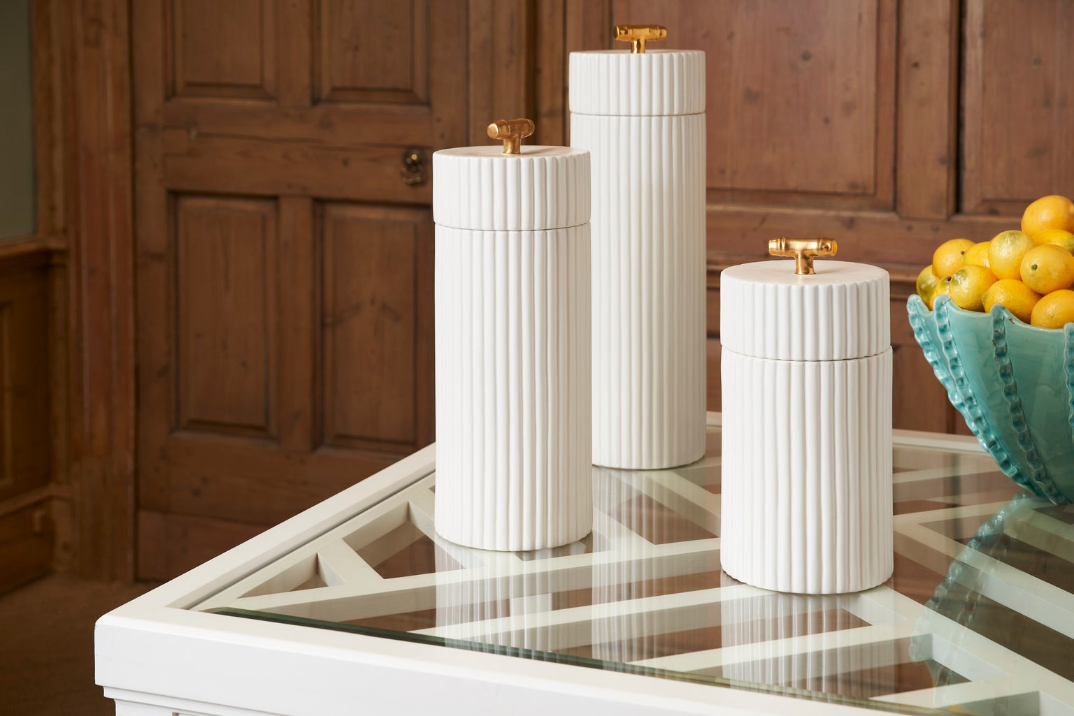 White Bamboo Canisters (S3) in 21.5 / Ceramic/Porcelain - Chelsea House