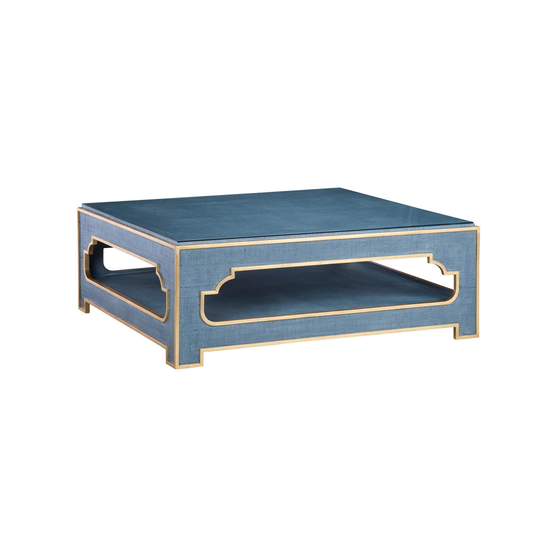 Yangon Coffee Table - Blue in Slate Blue/Gold Leaf/Clear / Raffia - Chelsea House