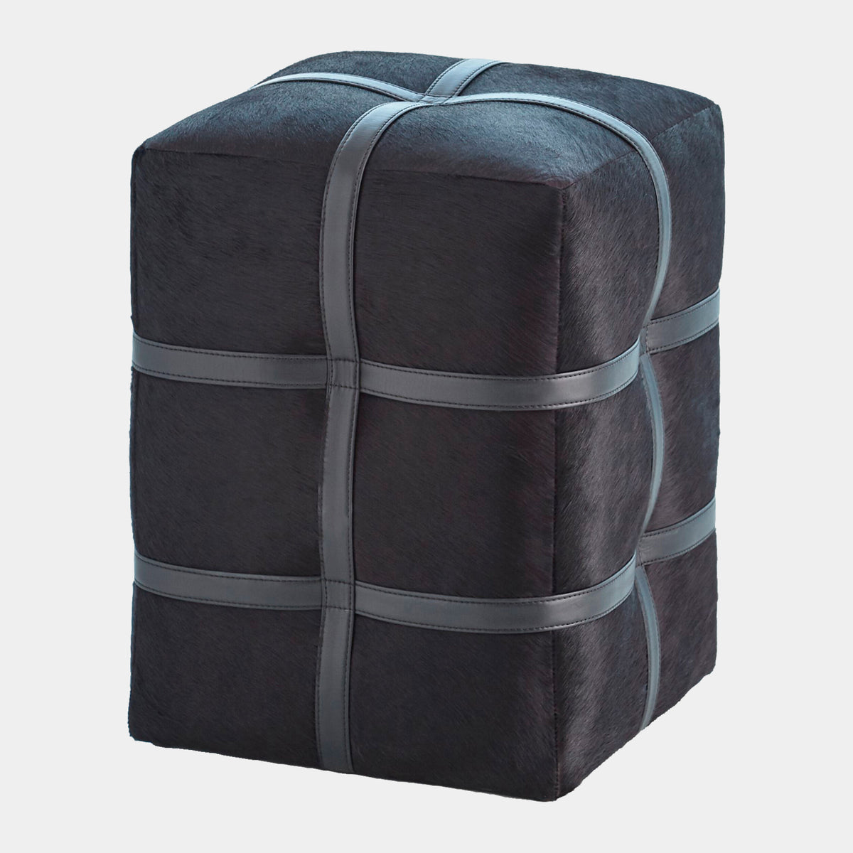 Belted Pouf-Black Hair-on-Hide Leather