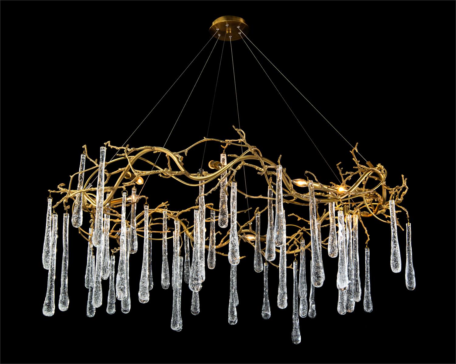 Brass and Glass Teardrop Eight-Light Chandelier