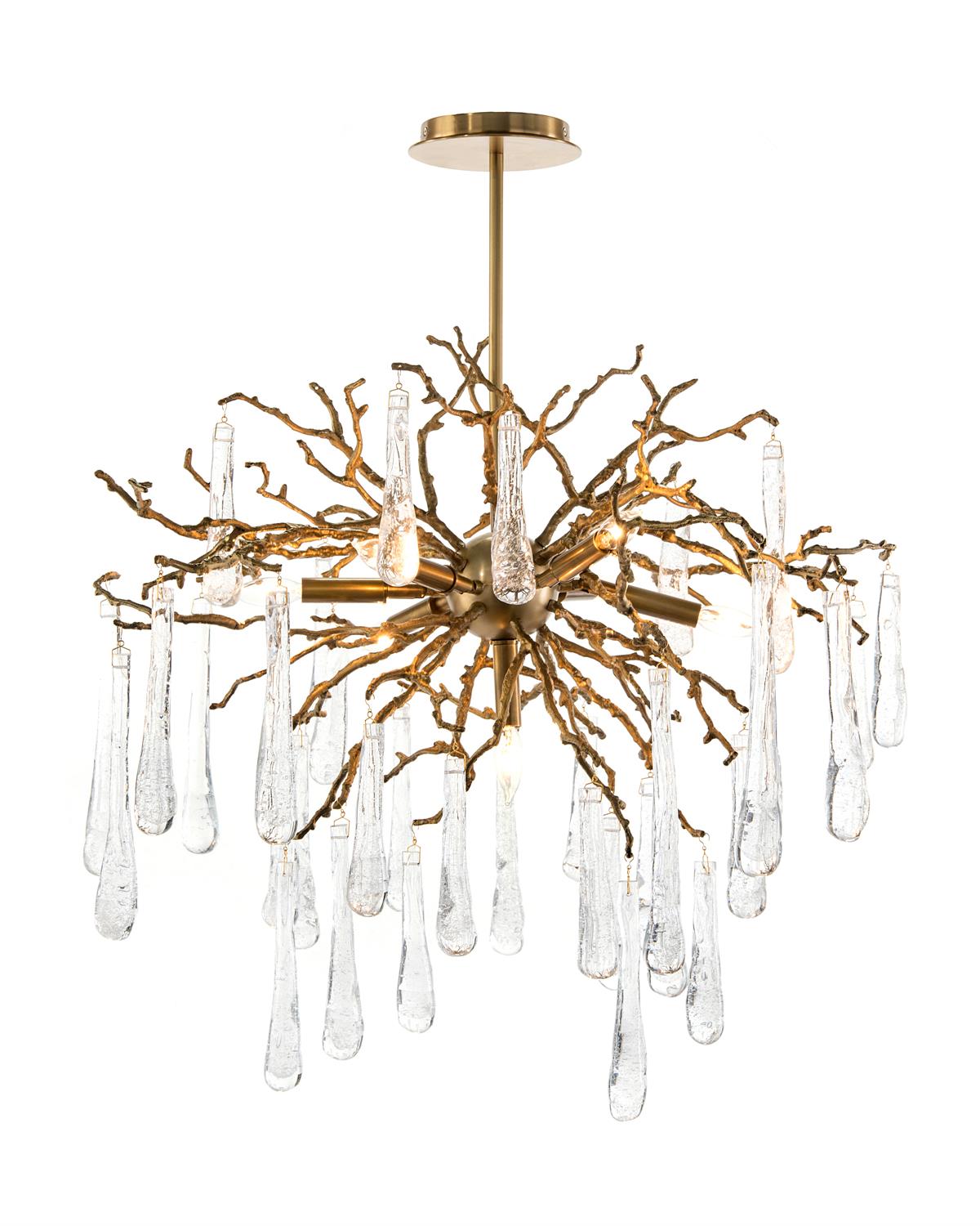 Brass and Glass Teardrop Seven-Light Chandelier