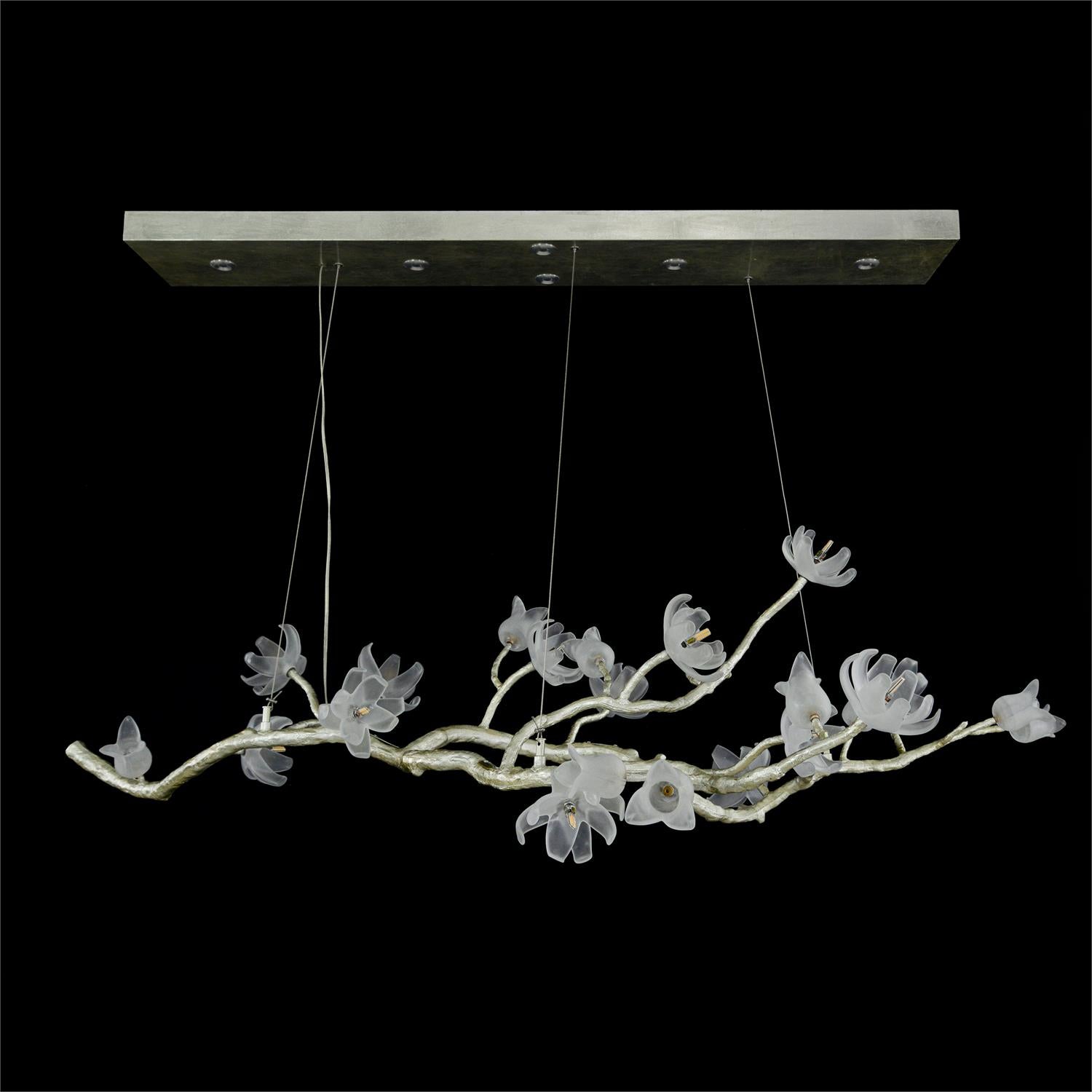 Churippu Magnolia & Tulip Glass Silver Leaf Oblong Nineteen-Light Chandelier