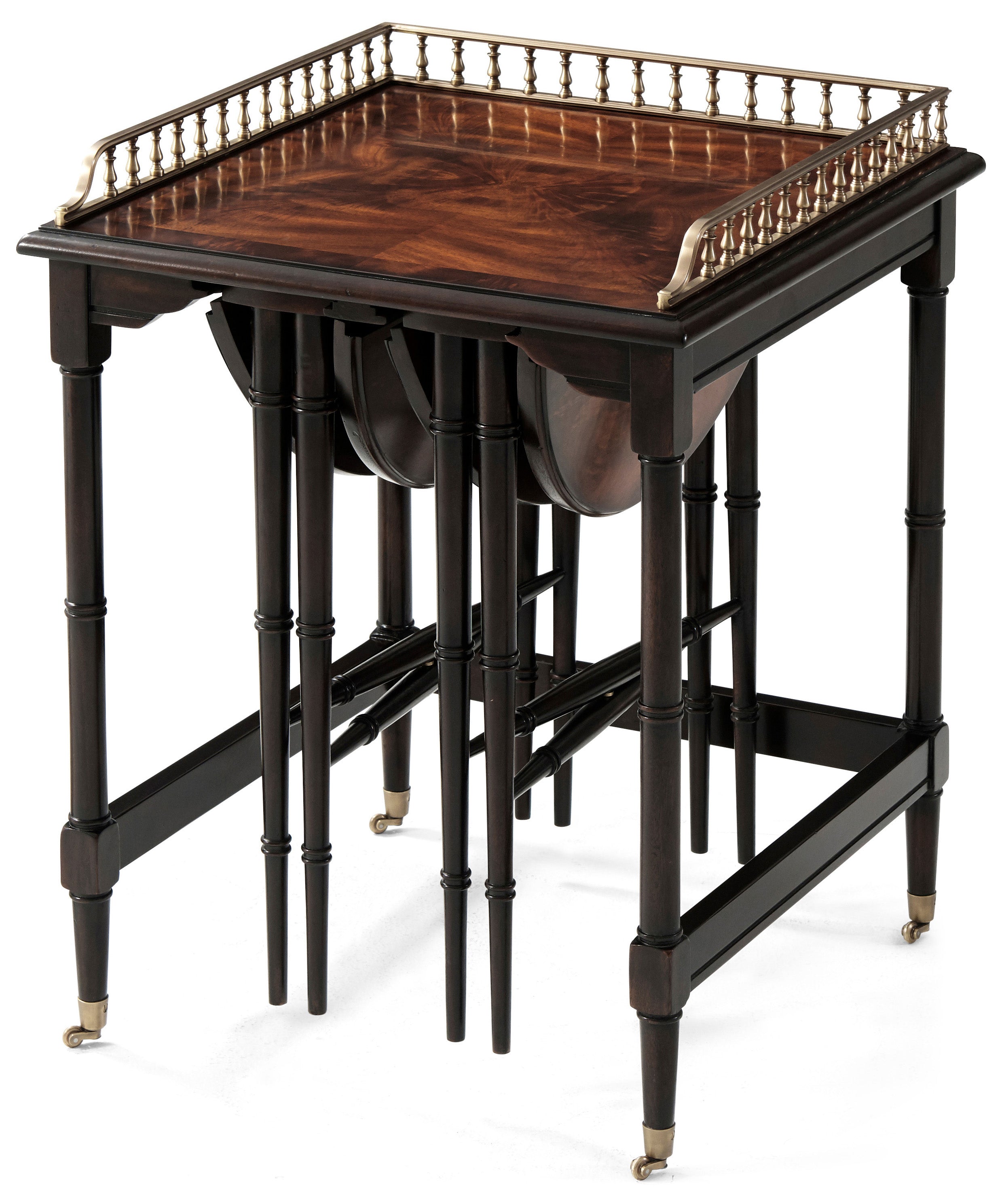 Ingenious Nest of Tables in Flame Figured Veneer, Brass - Theodore Alexander