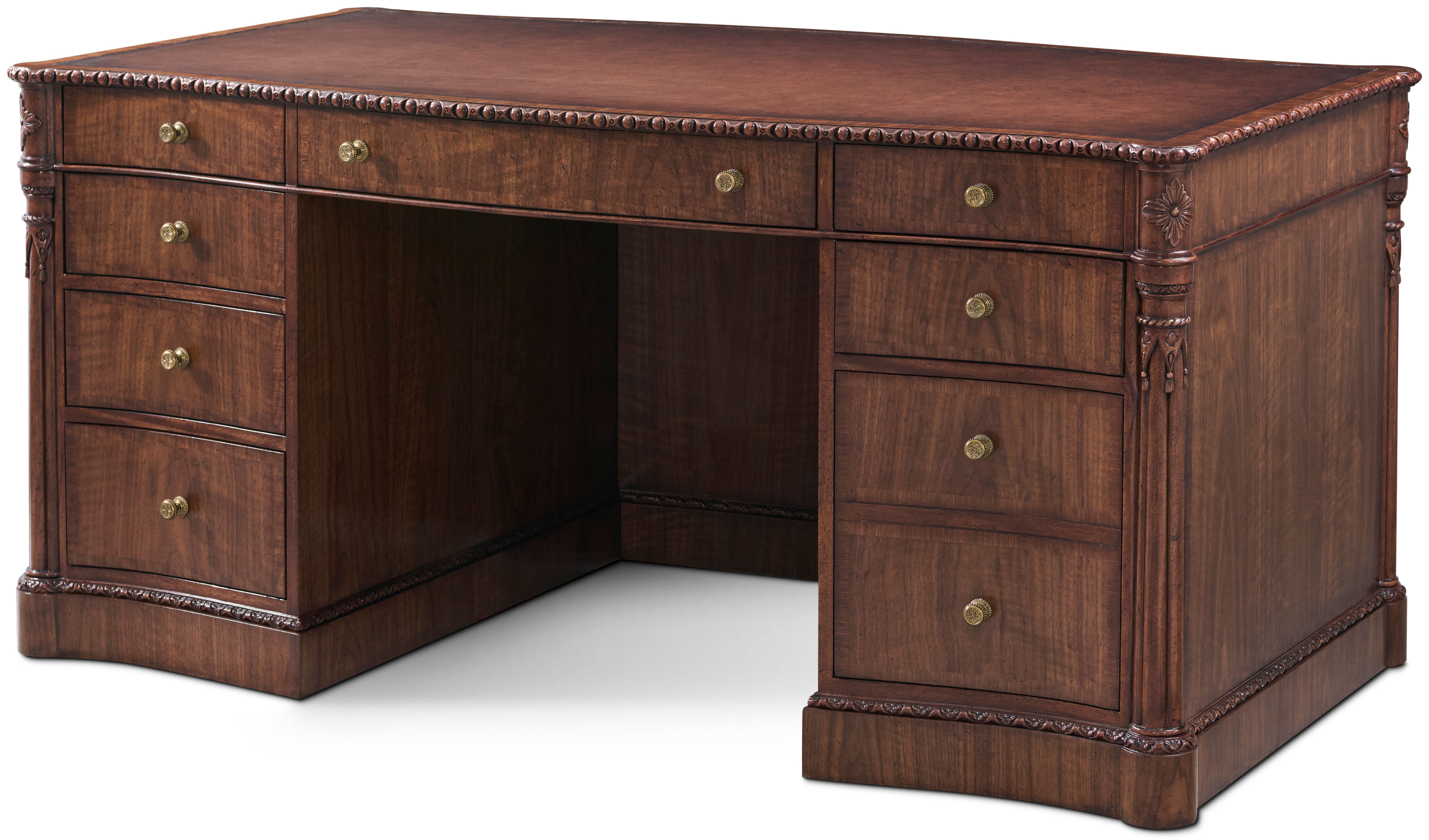 Bingham Executive Desk in Khaya Wood, White Oak Veneer, Okoume Veneer, Walnut Veneer, Brass - Theodore Alexander