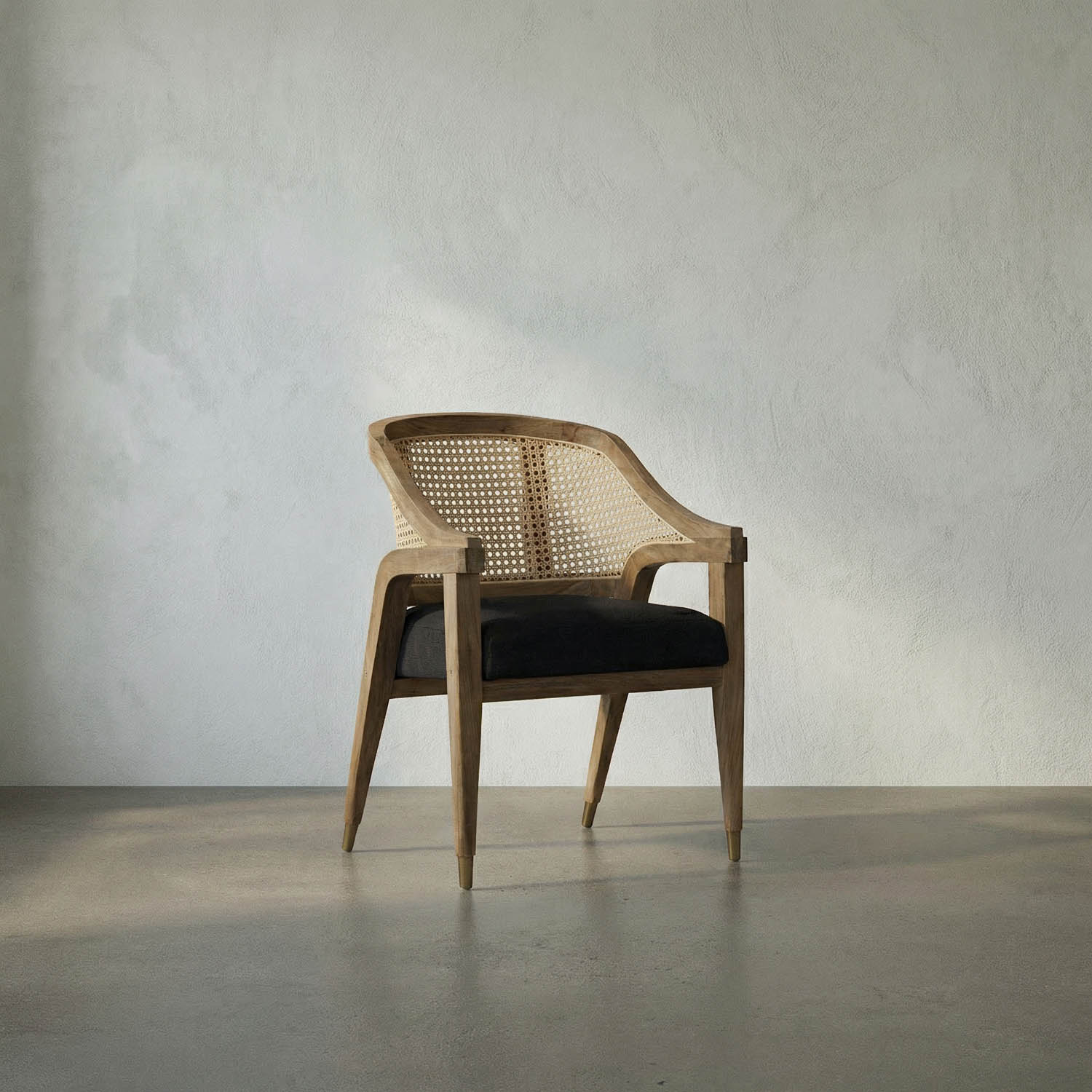Chloe Chair, Teak, Caning, and Black Cotton