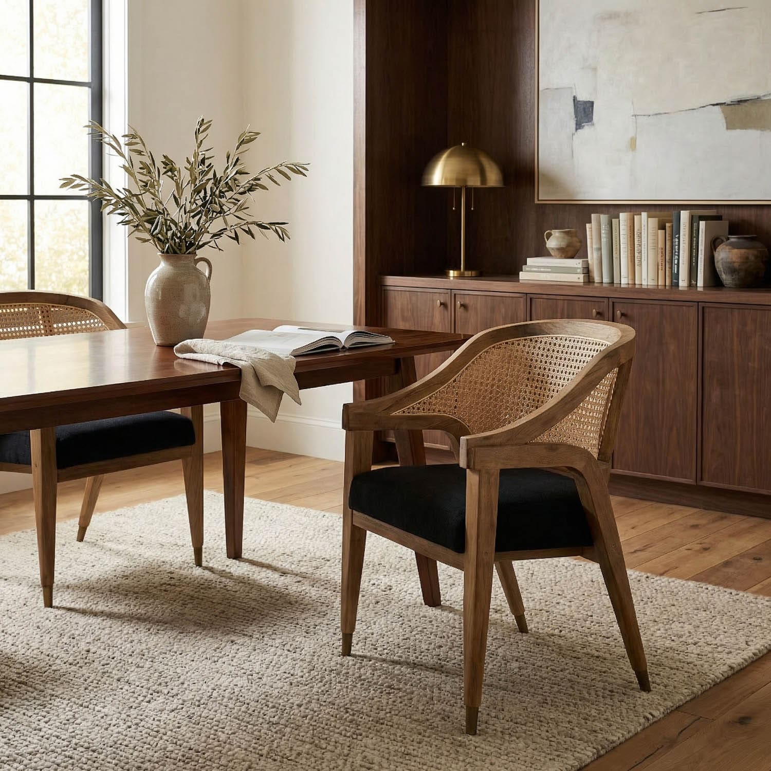 Chloe Chair, Teak, Caning, and Black Cotton