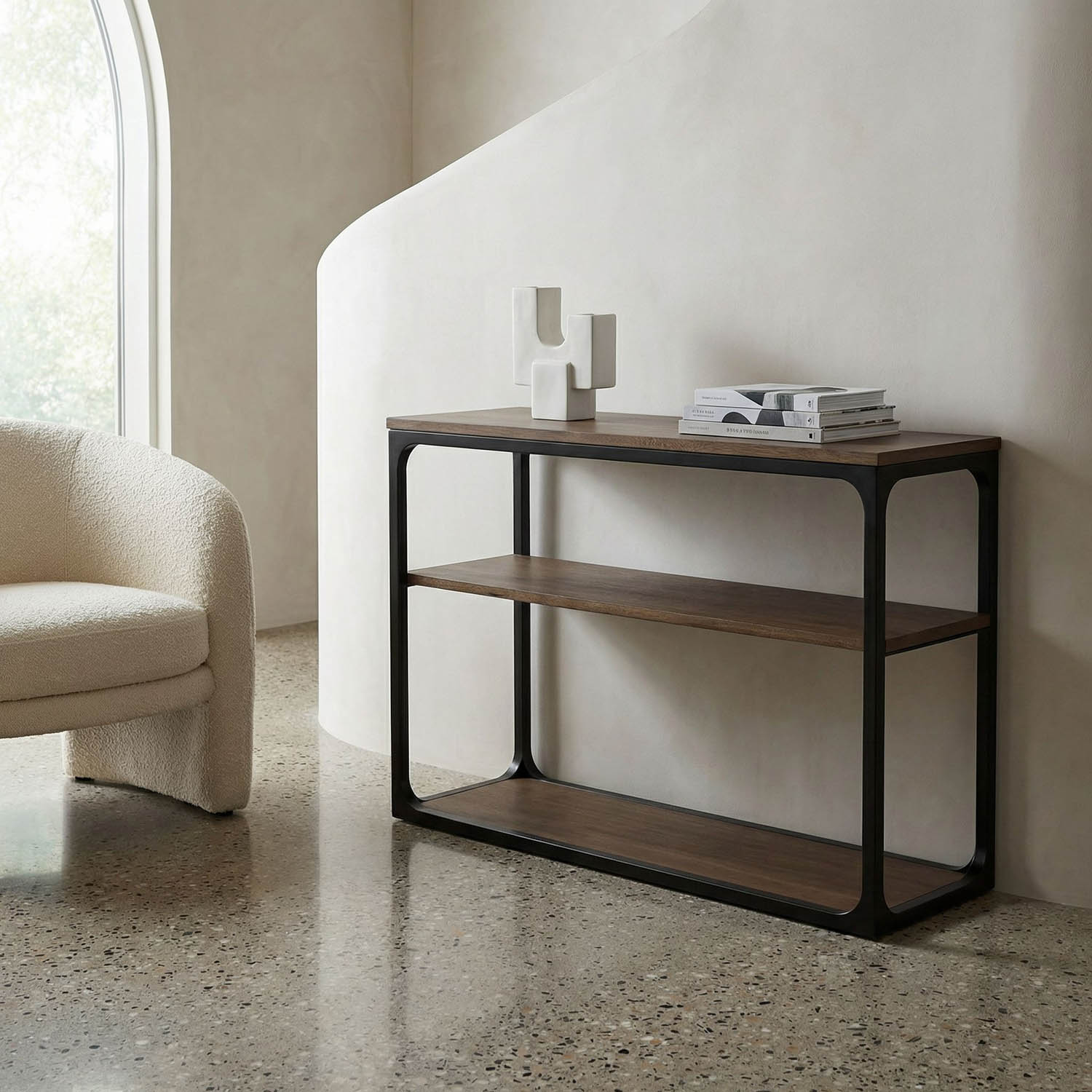 Novie Console, Small, Black Iron with Dark Walnut