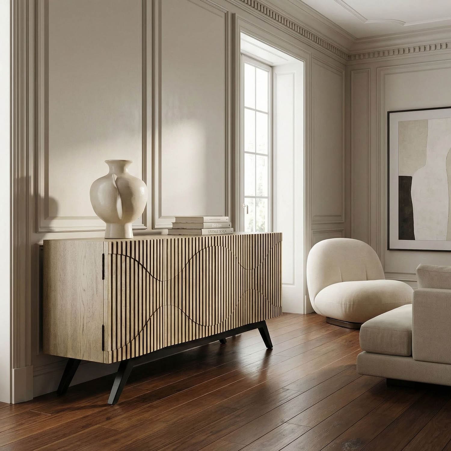 Illusion Sideboard with Iron Base, Bleached Walnut