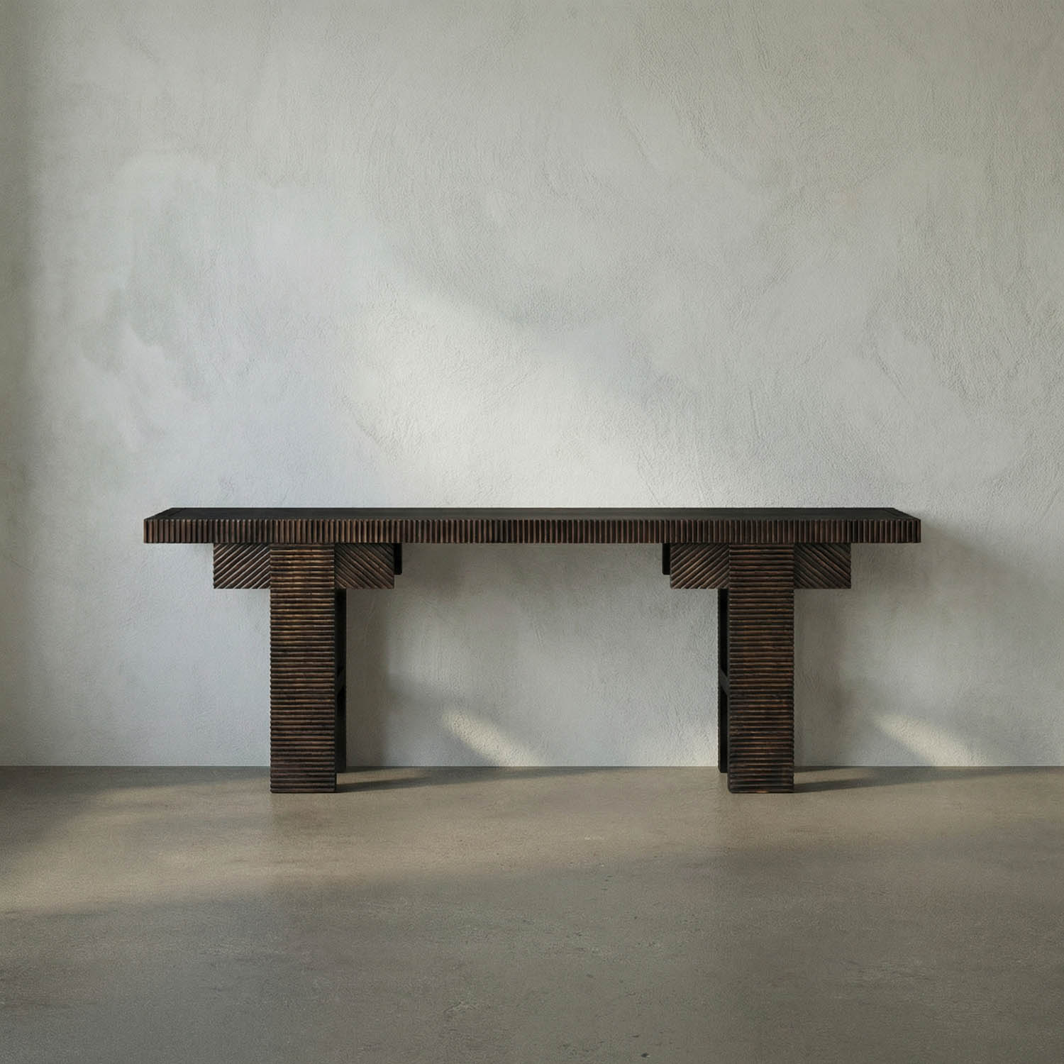 Nabu Console, Hand Rubbed Black with Light Brown Trim
