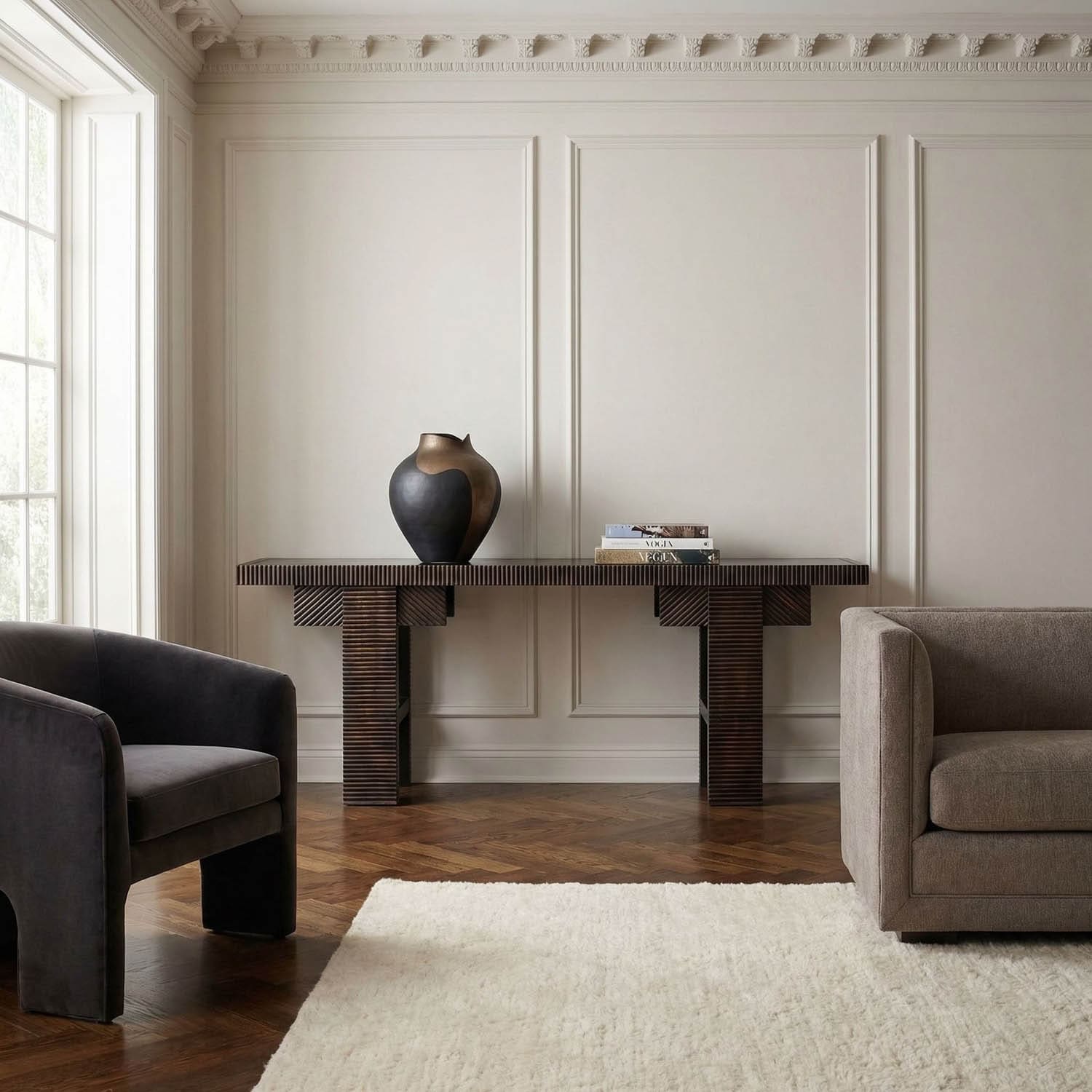 Nabu Console, Hand Rubbed Black with Light Brown Trim