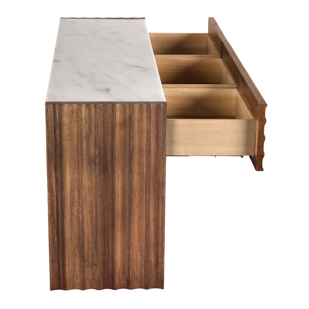 Wolf Console With White Marble Top, Dark Walnut