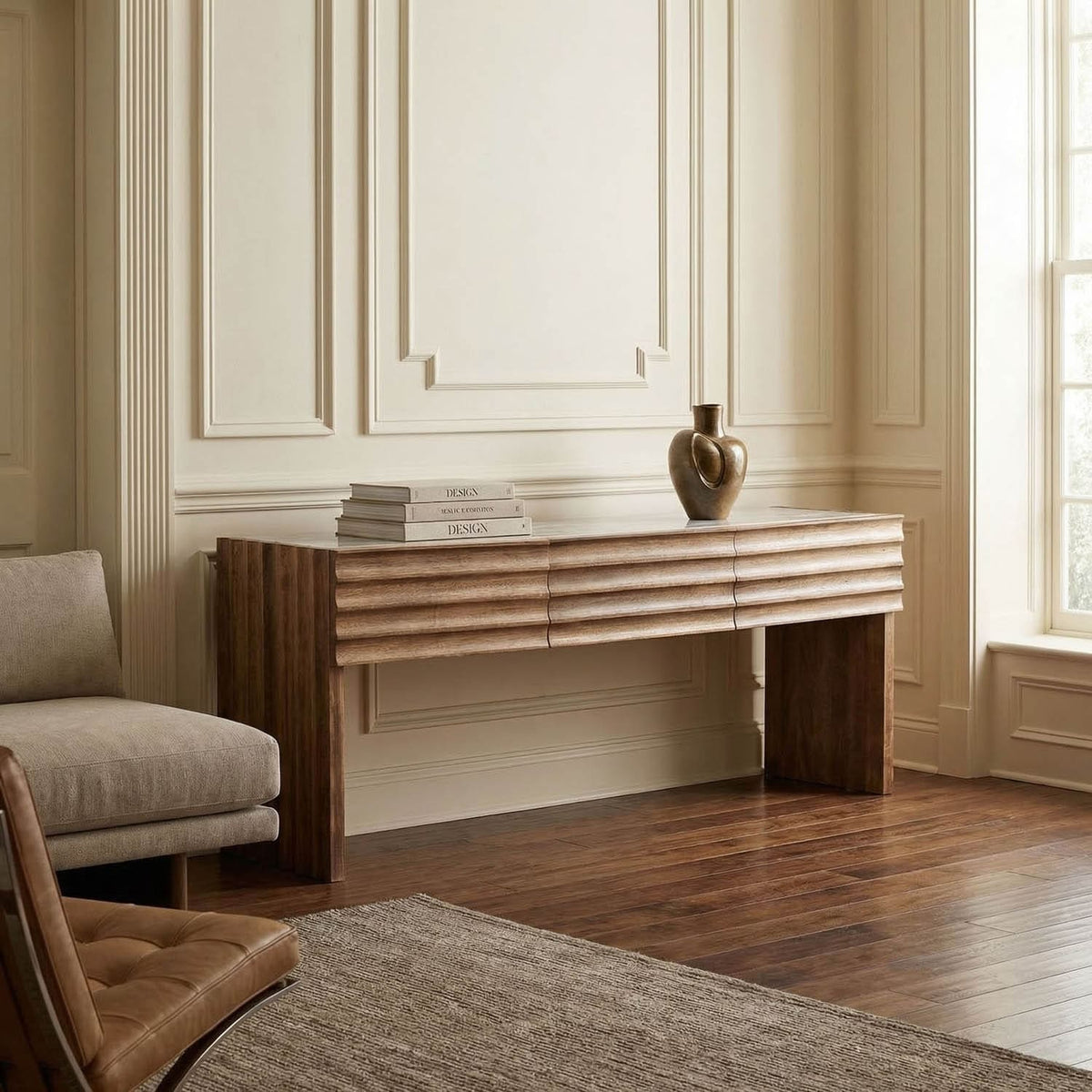Wolf Console With White Marble Top, Dark Walnut