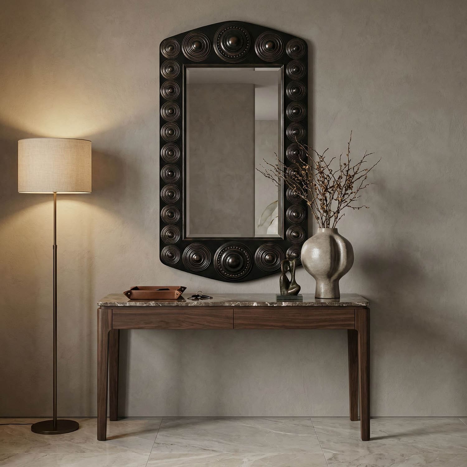 Nanna Mirror, Hand Rubbed Black with Light Brown Trim