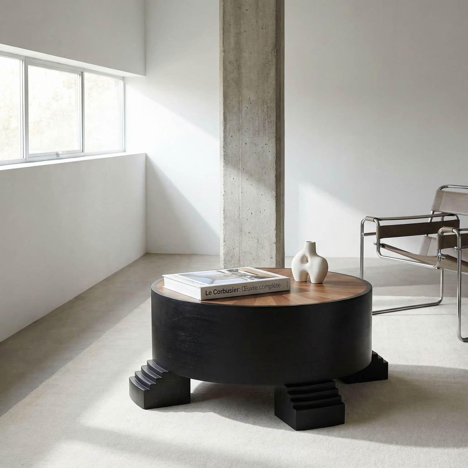 Tambour Coffee Table, Hand Rubbed Black with Veneer Top