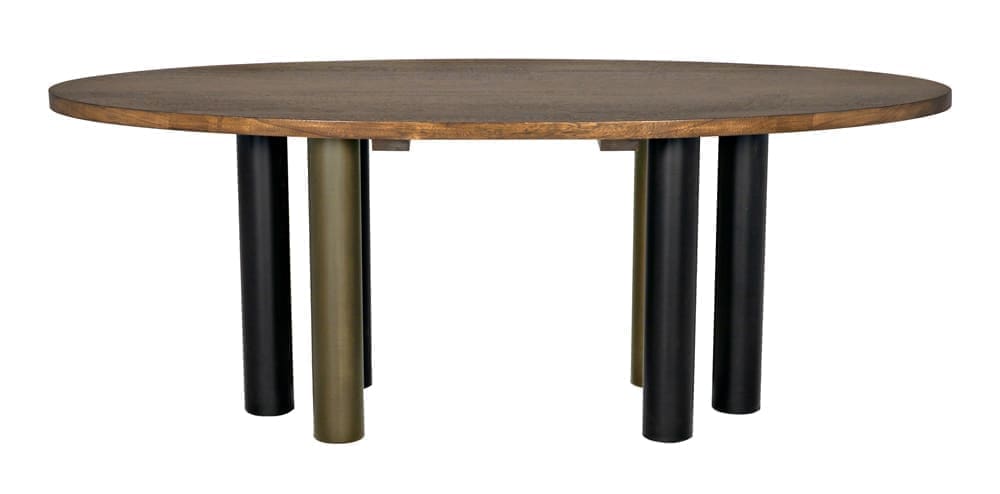 Journal Oval Dining Table, Dark Walnut with Black & Aged Brass Iron Base