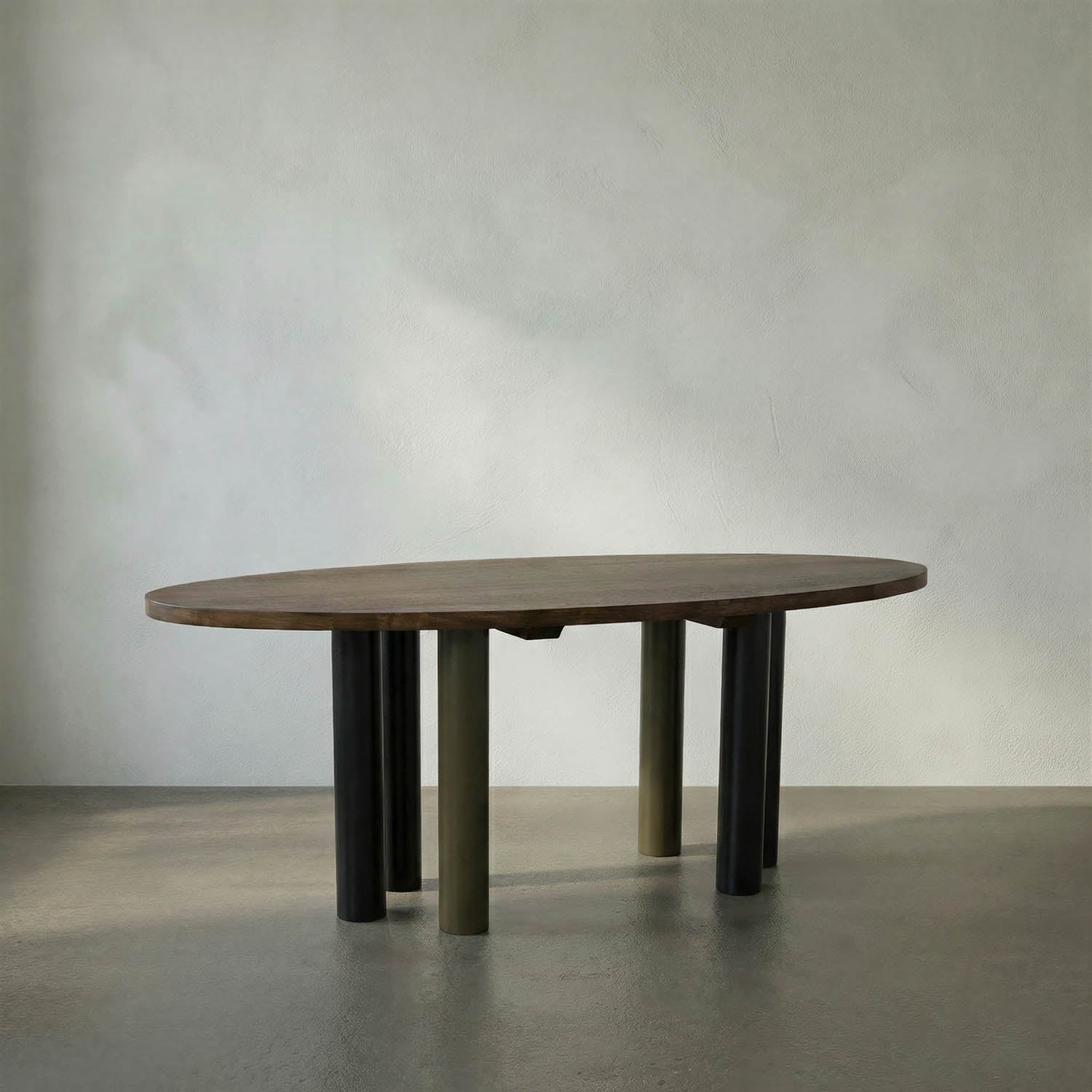 Journal Oval Dining Table, Dark Walnut with Black & Aged Brass Iron Base by Noir