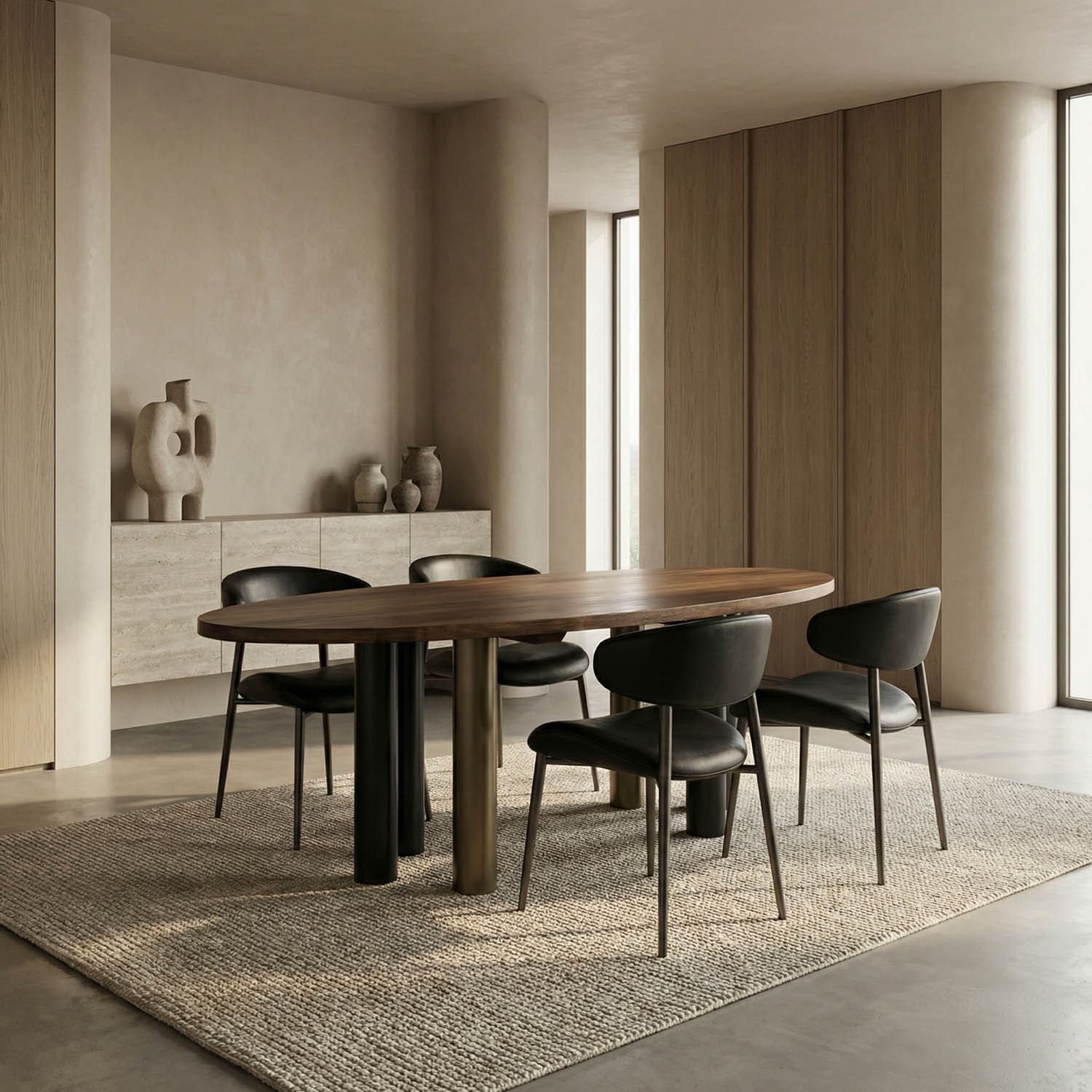 Journal Oval Dining Table, Dark Walnut with Black & Aged Brass Iron Base