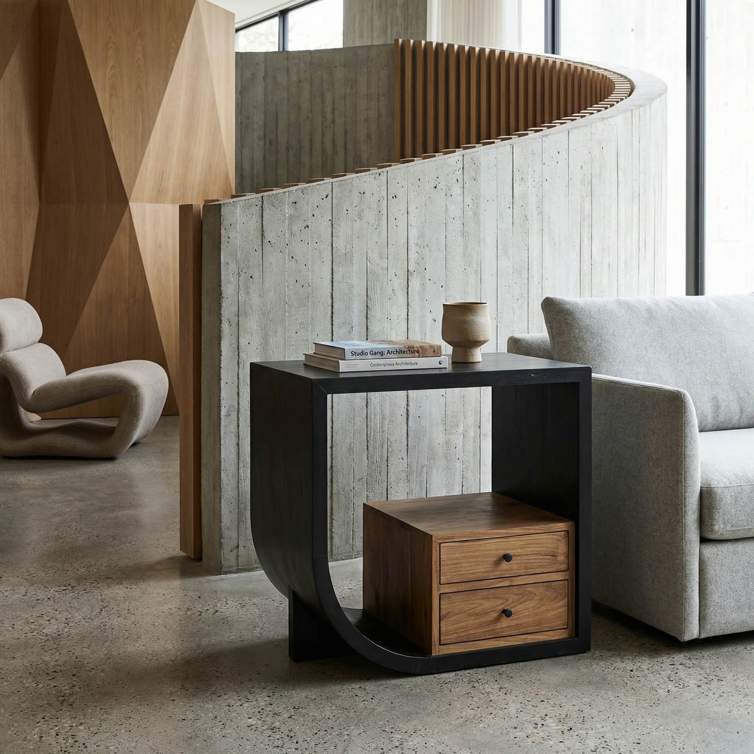 Burton Side Table, Left, Hand Rubbed Black and Teak