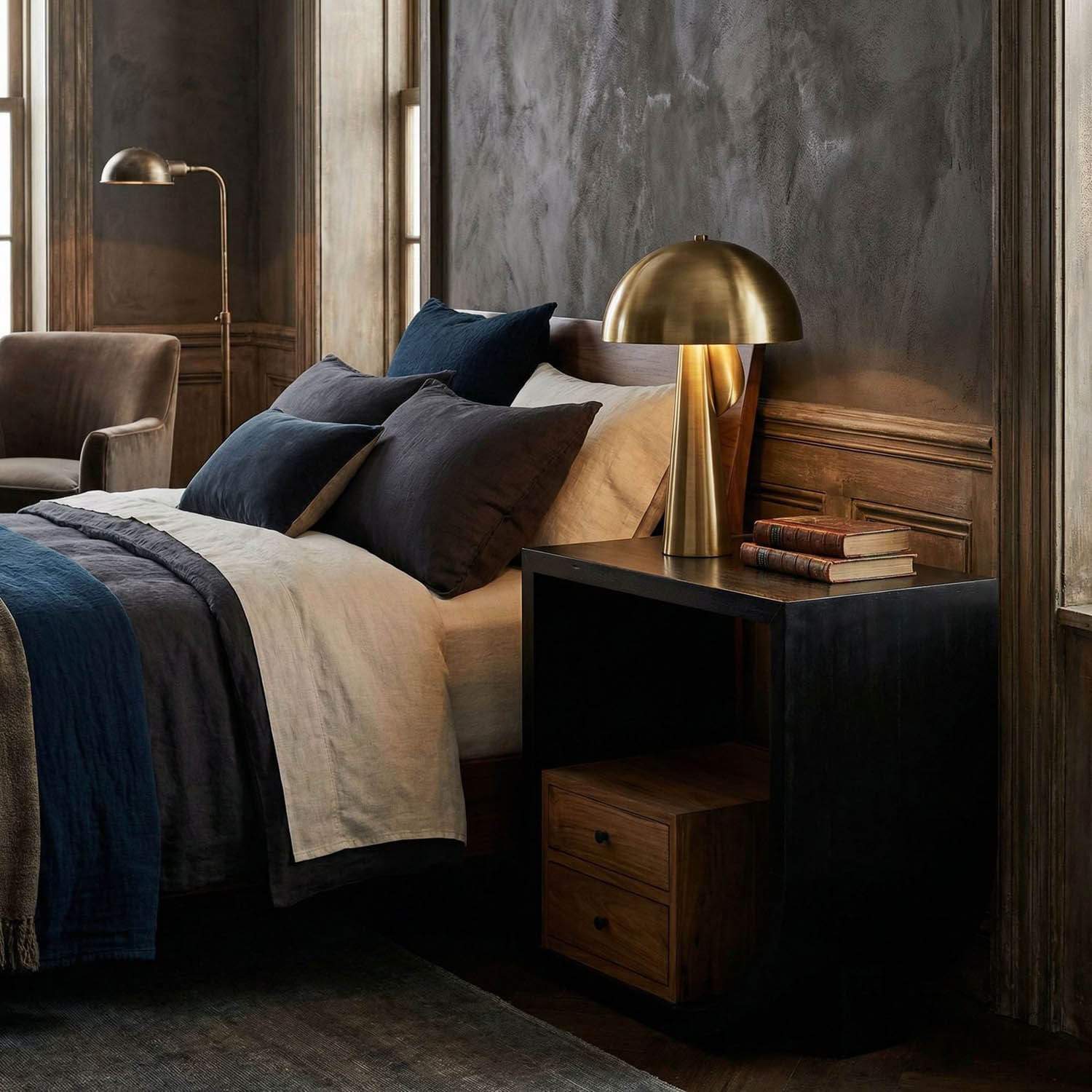Burton Side Table, Right, Hand Rubbed Black and Teak