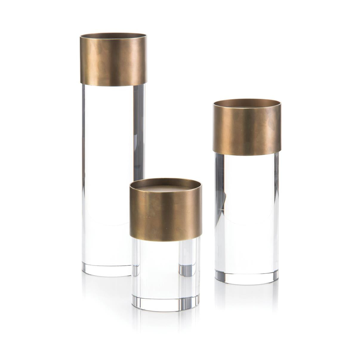 Set of Three Crystal and Antique Brass Candleholders – Art by John Richard | Sutter & Vale