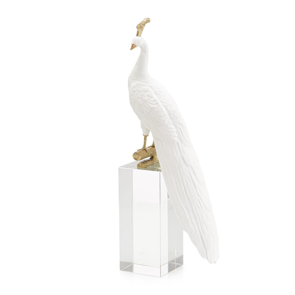White Peacock Sculpture on Crystal Base I by John Richard | Sutter & Vale