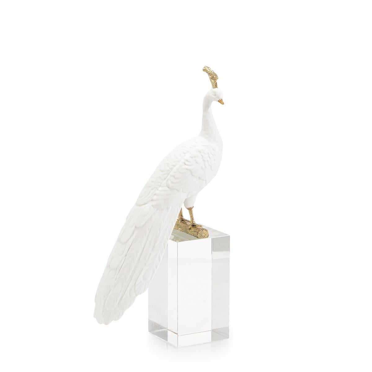 White Peacock Sculpture on Crystal Base II – Art by John Richard | Sutter & Vale