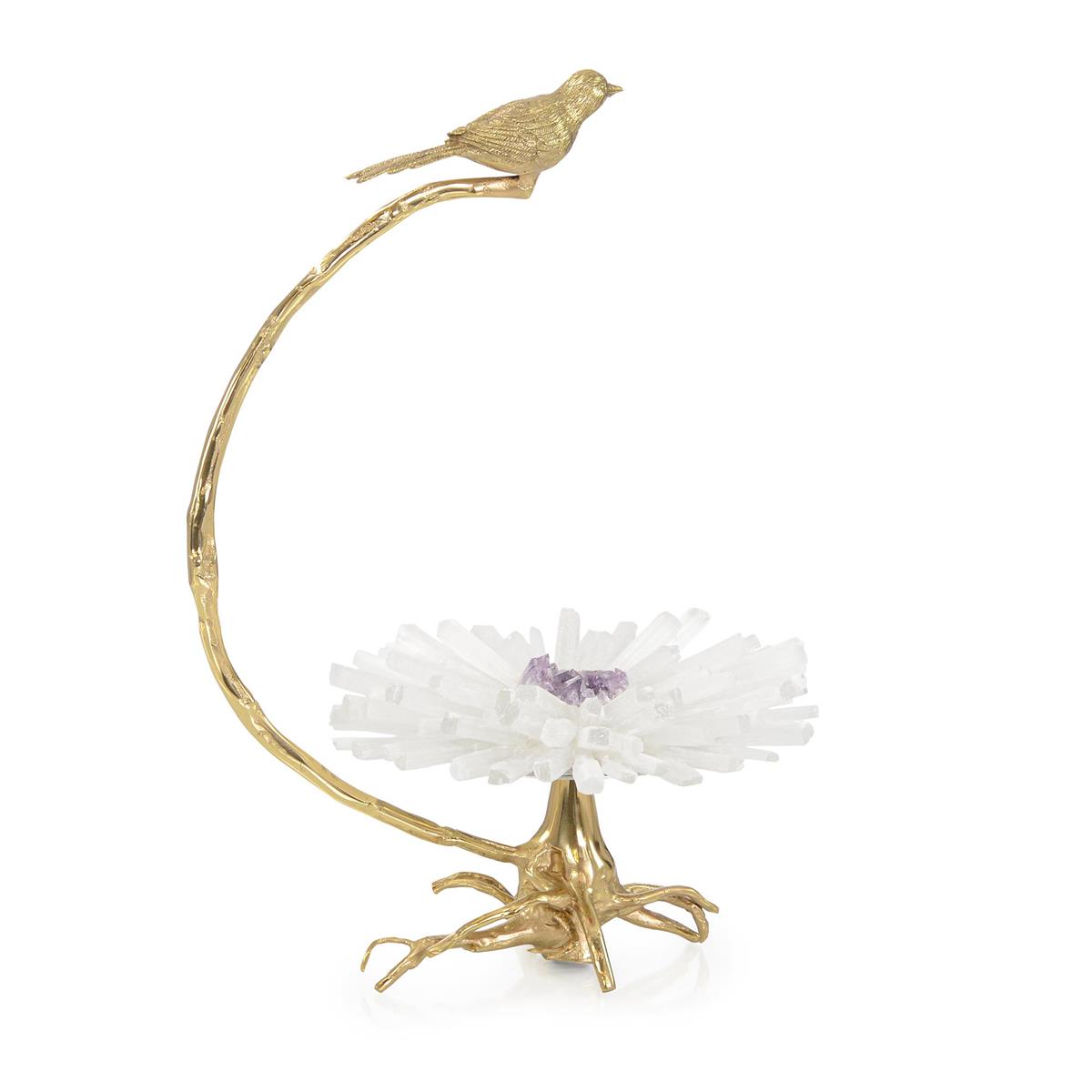 Brass Bird on Selenite Bloom Sculpture by John Richard | Sutter & Vale