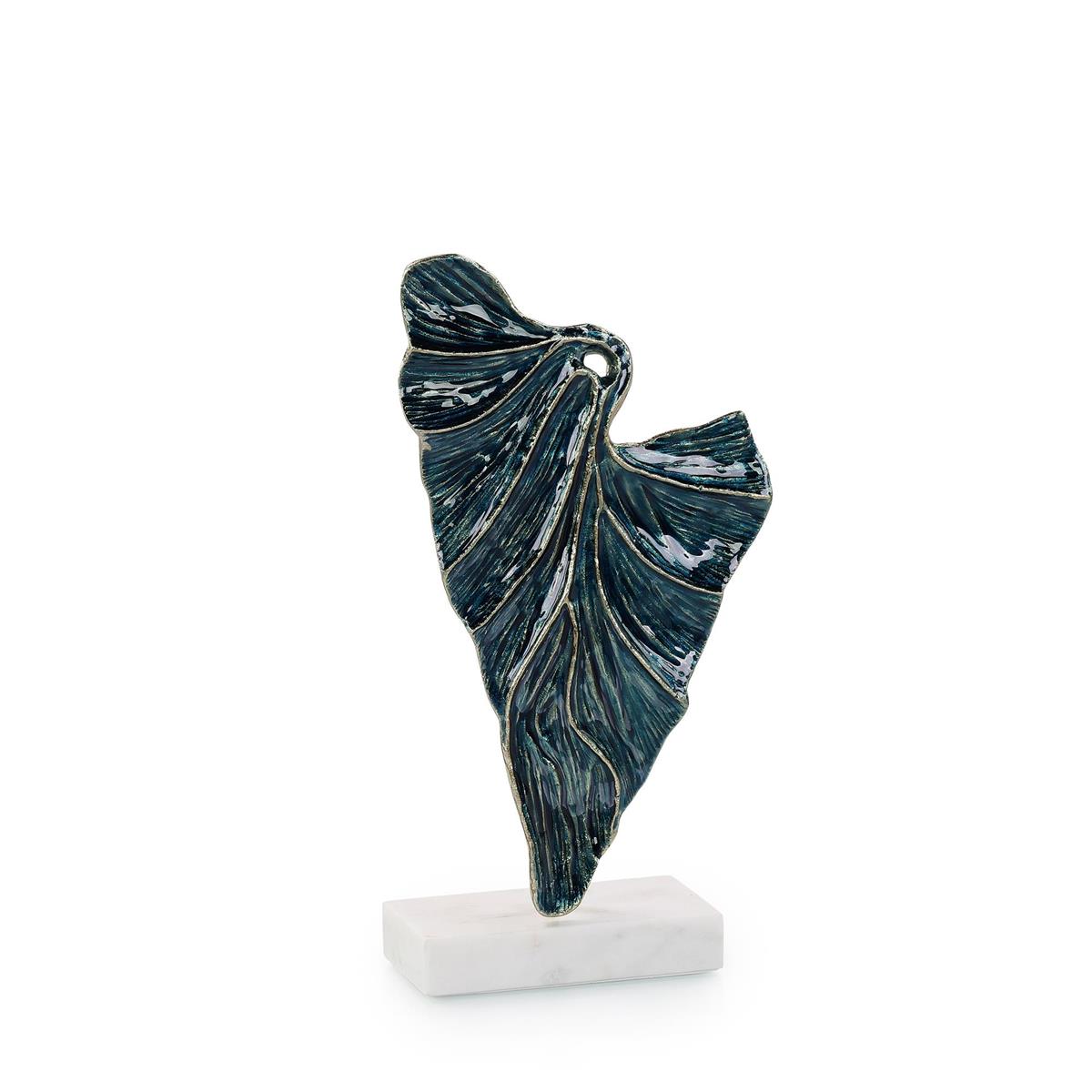 Standing Leaf Sculpture on Marble Base, Small Blue – Art by John Richard | Sutter & Vale