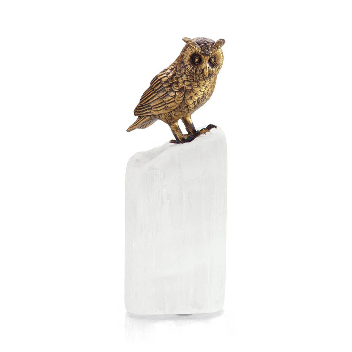 Brass Owl Sculpture on Selenite – Art by John Richard | Sutter & Vale