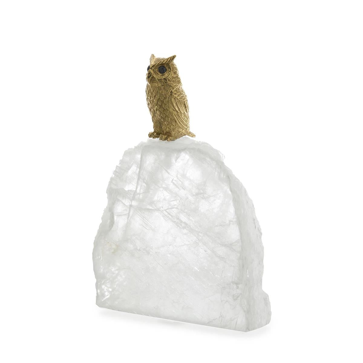 Perched Brass Owl Sculpture on Selenite, Large by John Richard | Sutter & Vale