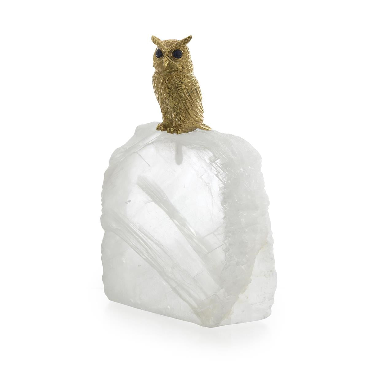 Perched Brass Owl Sculpture on Selenite, Small – Art by John Richard | Sutter & Vale