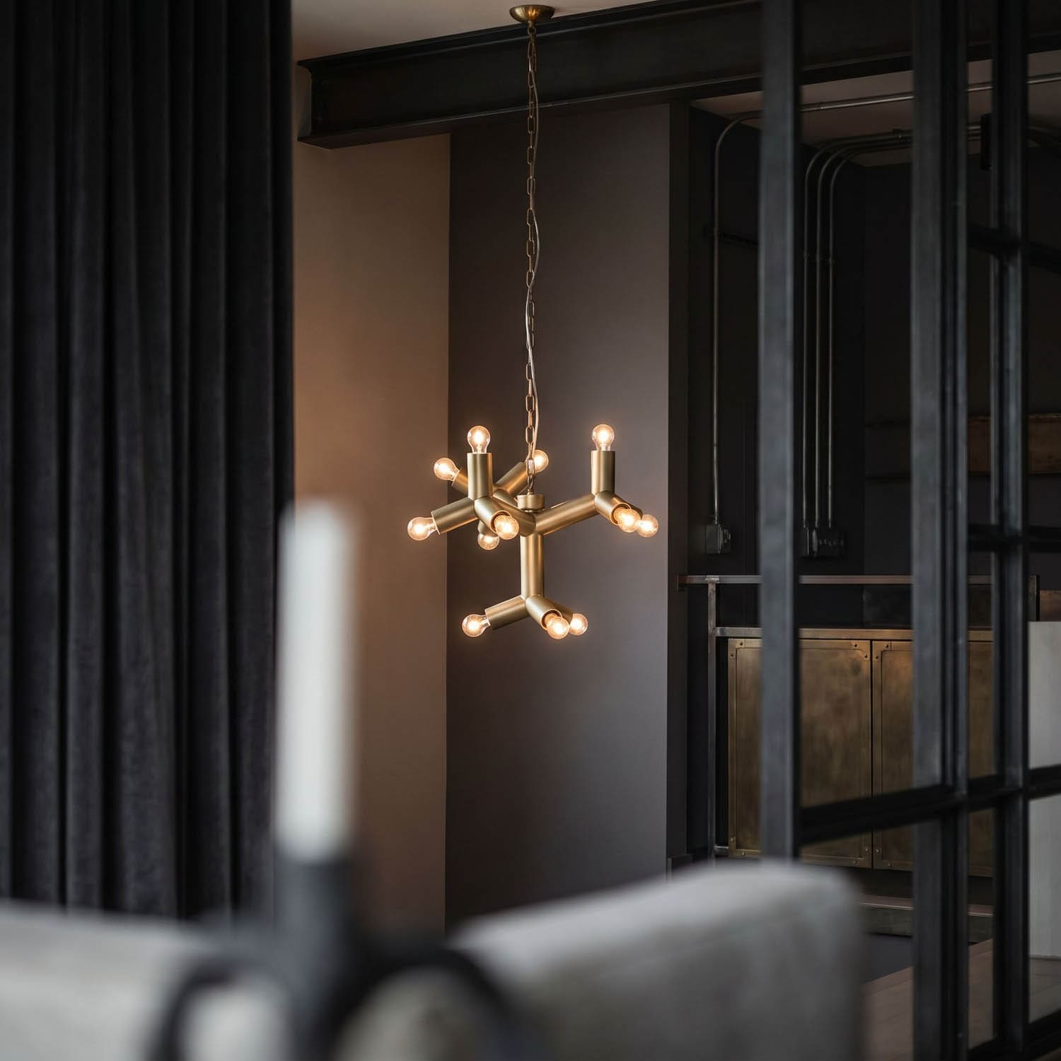 Snow Flake Chandelier, Metal with Brass Finish