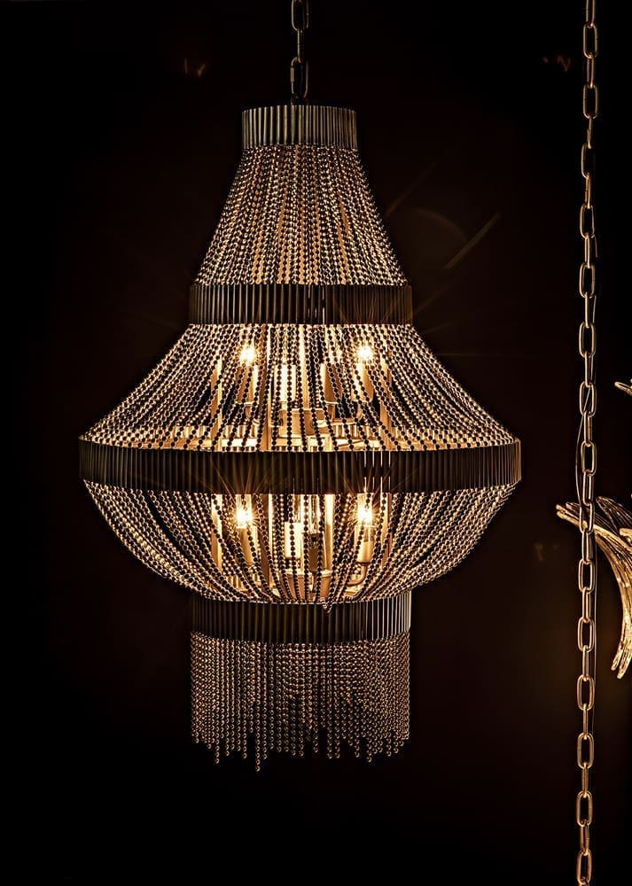 Domo Chandelier, Iron and Metal Beads with Brass Finish