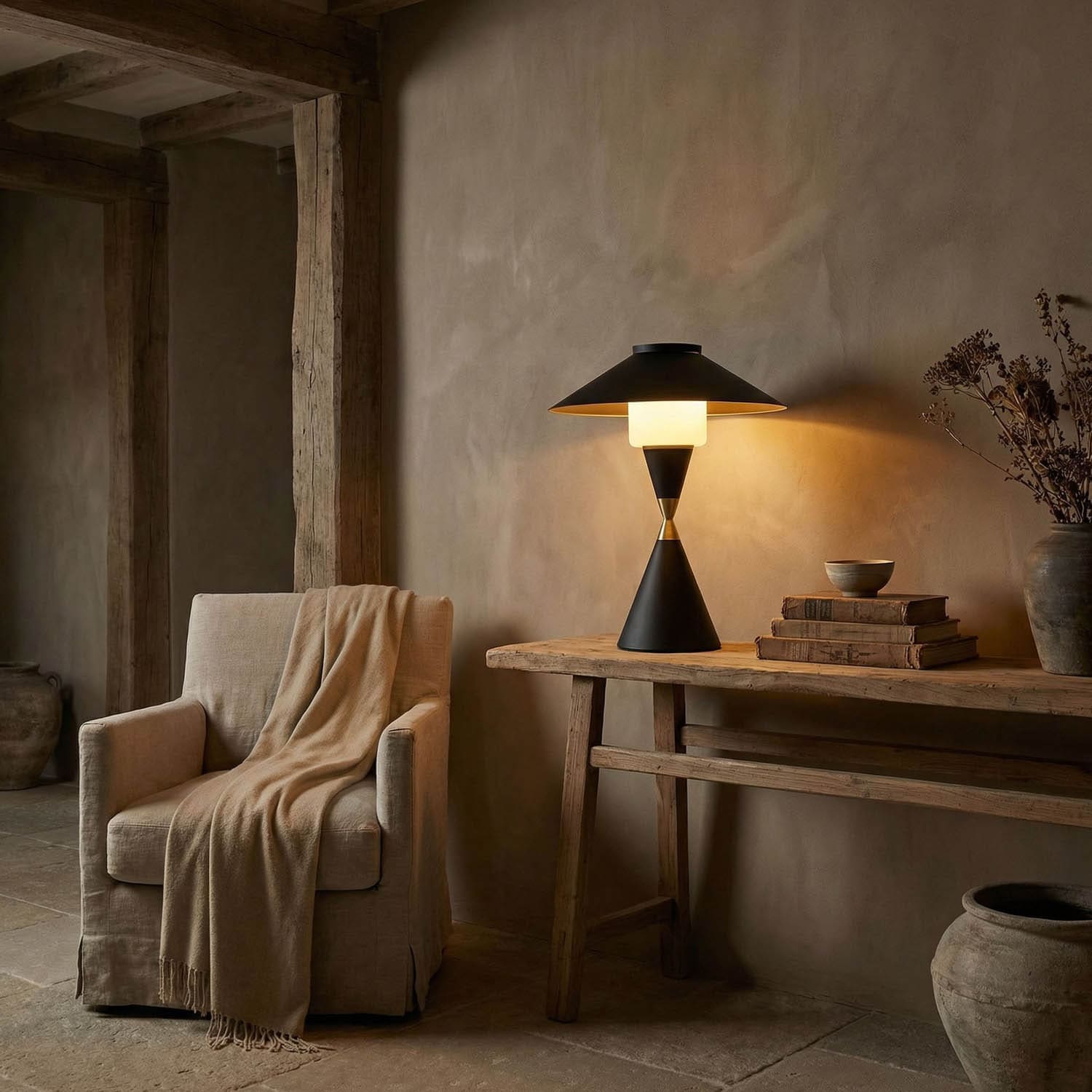 Lucia Table Lamp, Black Iron with Mb Detail
