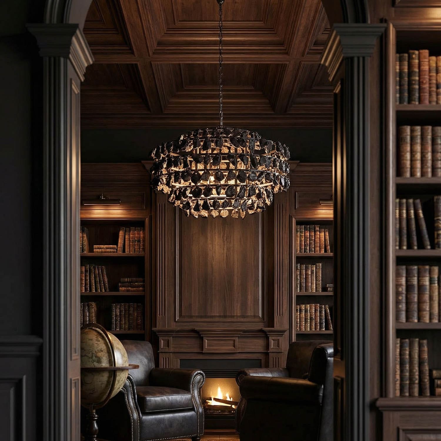 Vulcan Chandelier, Black Iron with Black Glass