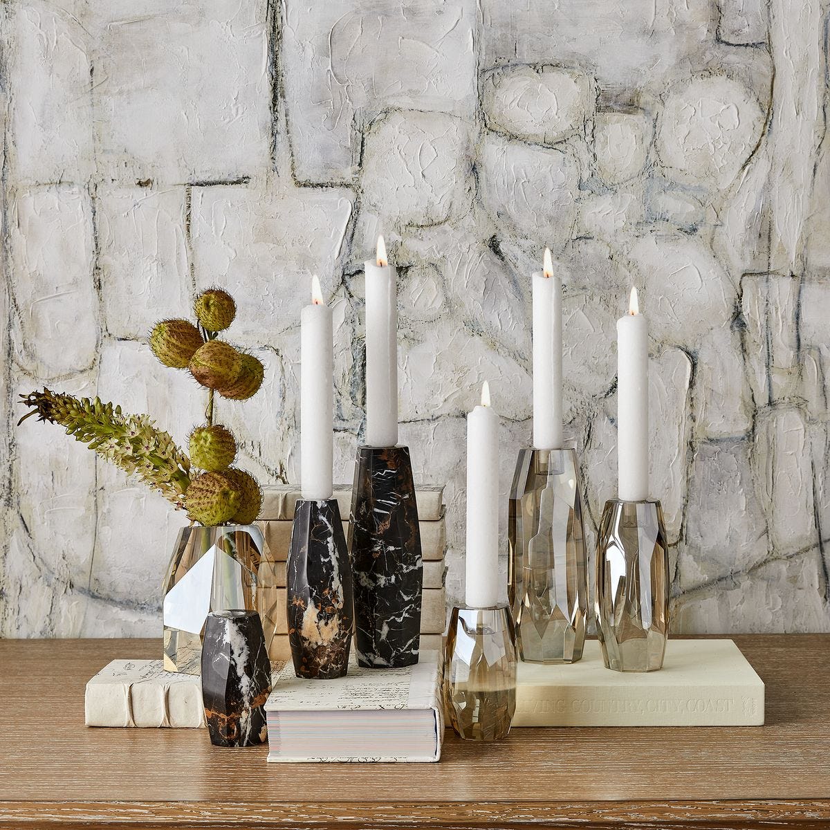 Multifaceted Taper Candleholders - Marble, S/3